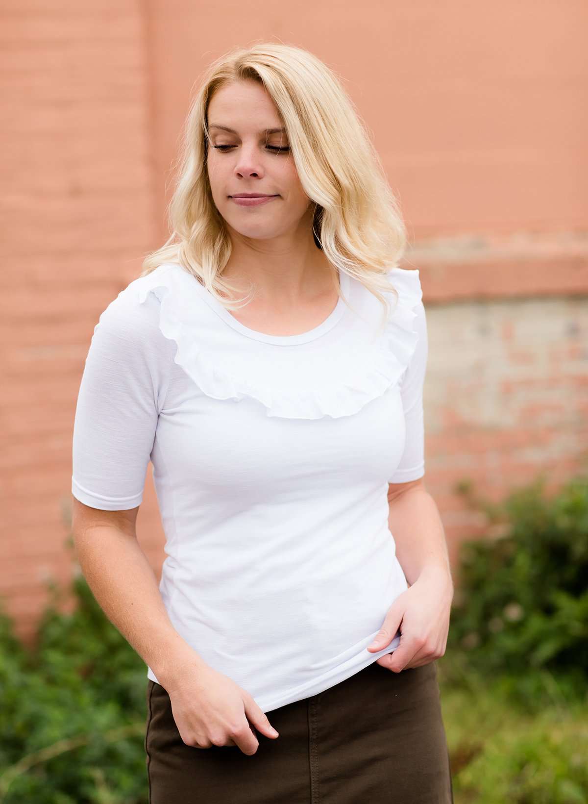 Modest women's affordable ruffle half sleeve top in plum or white