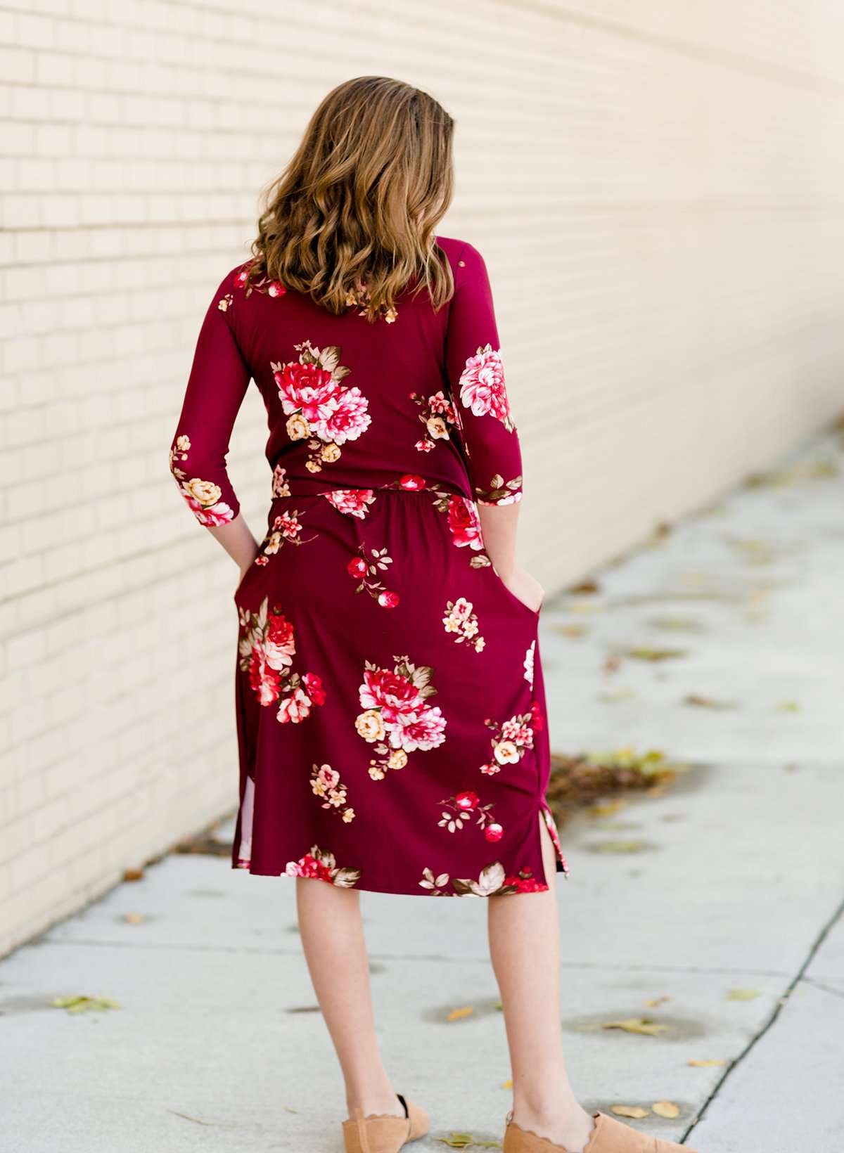 Girls Modest Floral Cinch Waist Navy and Burgandy Midi Dress