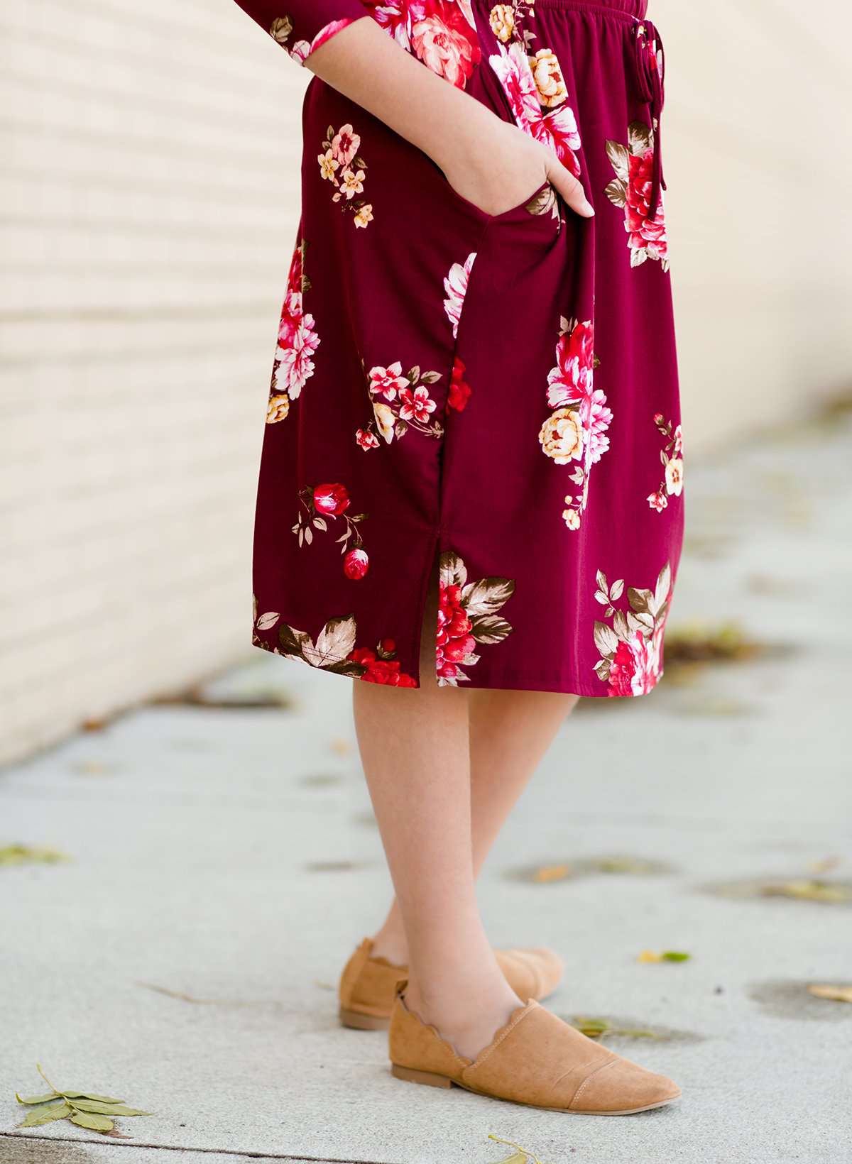 Girls Modest Floral Cinch Waist Navy and Burgandy Midi Dress