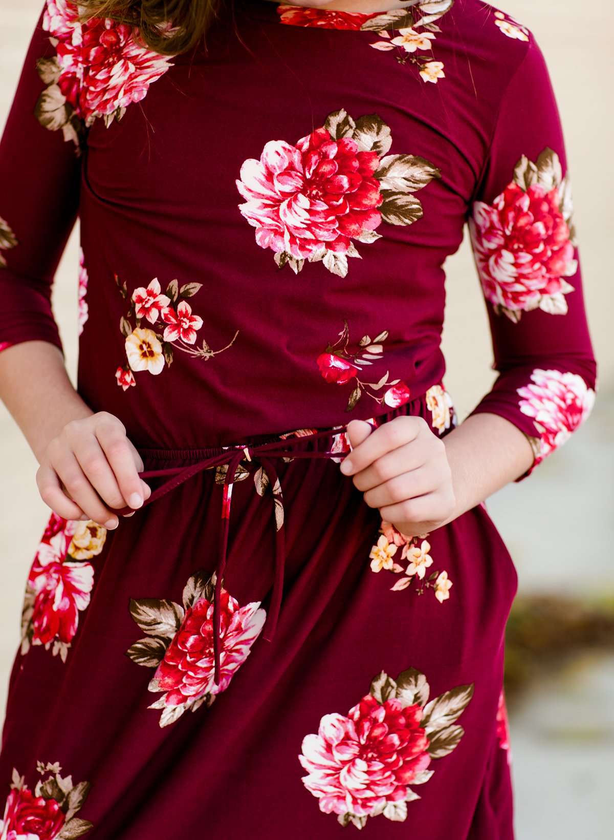 Girls Modest Floral Cinch Waist Navy and Burgandy Midi Dress
