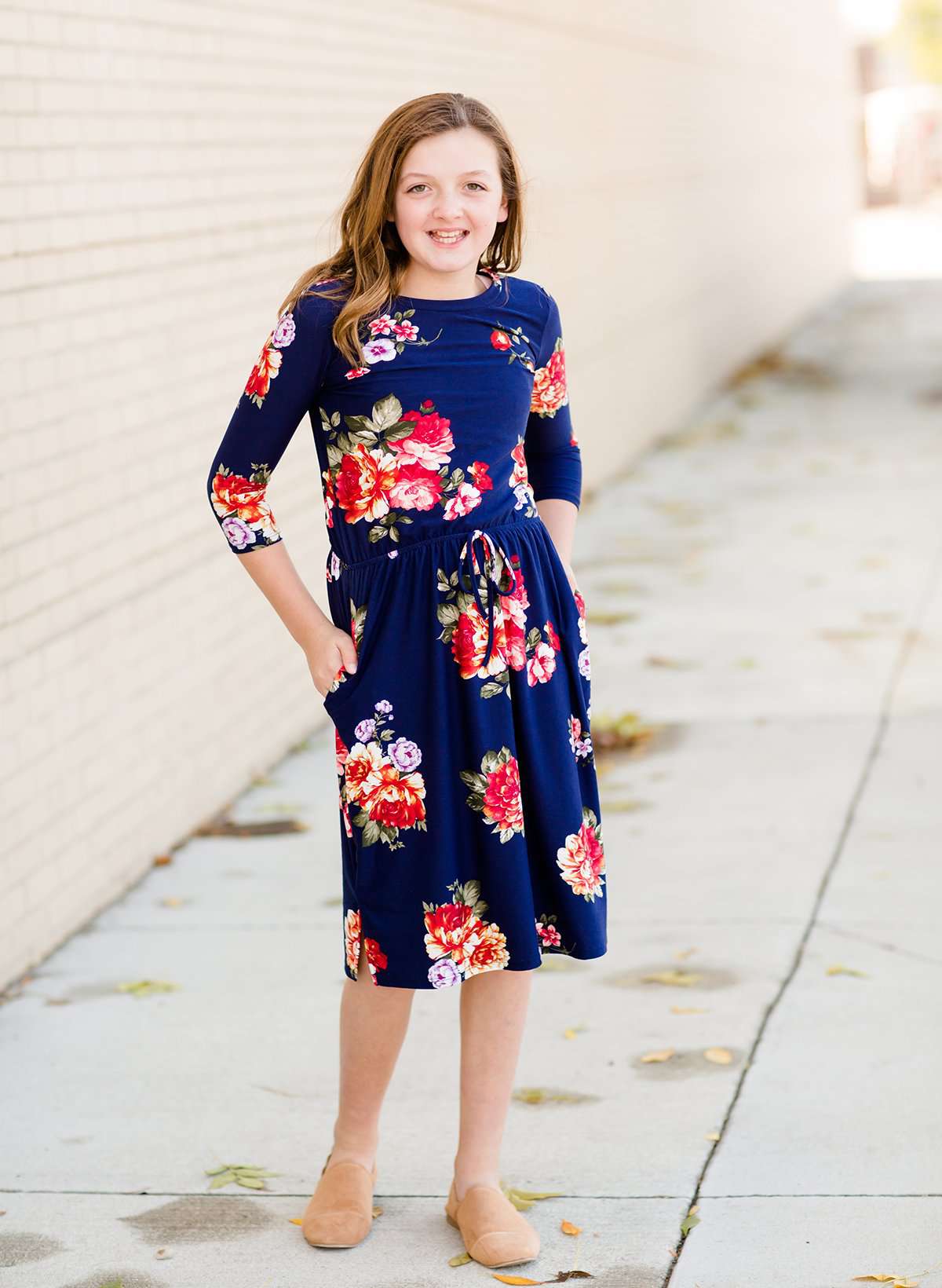 Girls Modest Floral Cinch Waist Navy and Burgandy Midi Dress