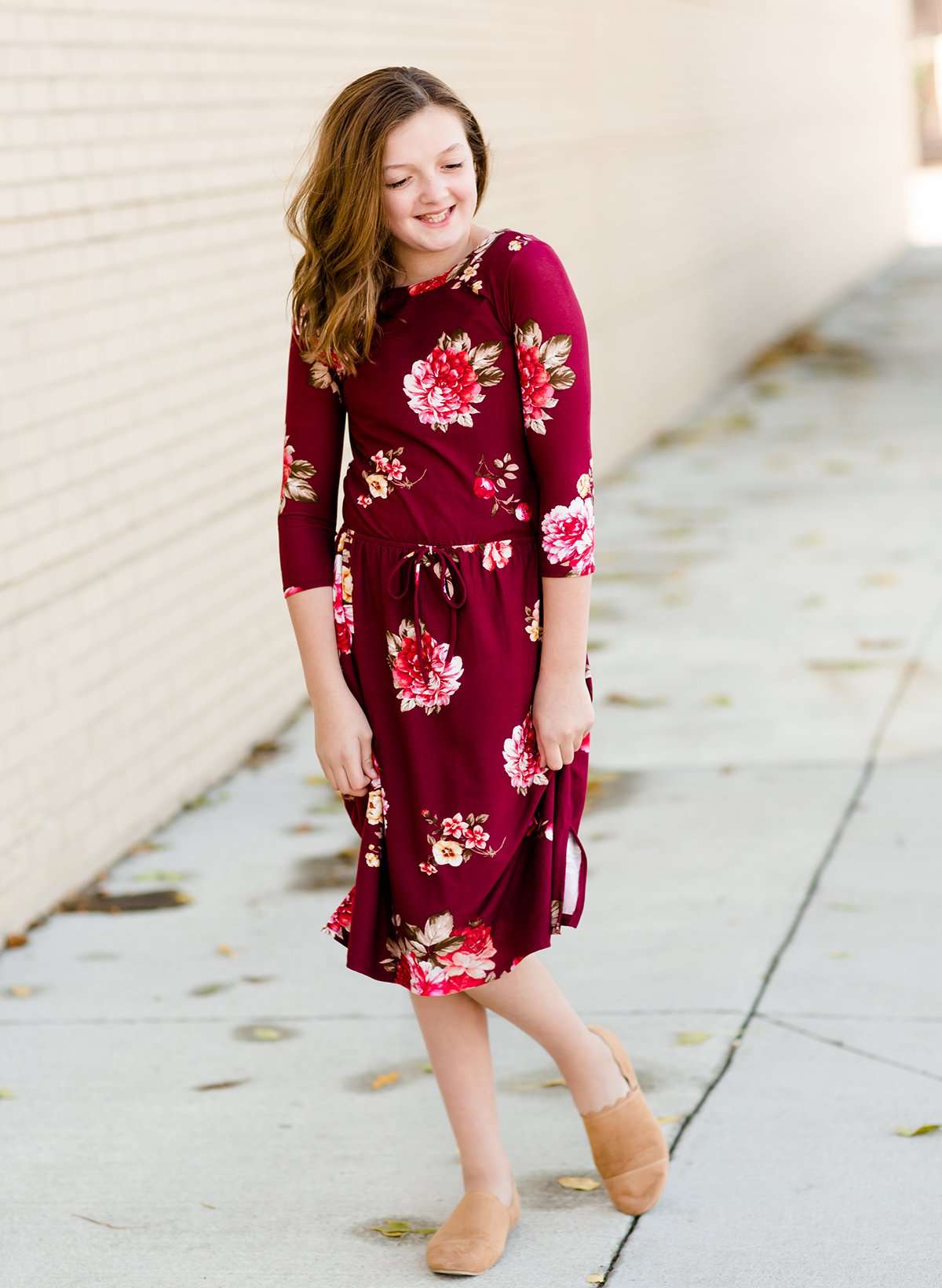 Girls Modest Floral Cinch Waist Navy and Burgandy Midi Dress