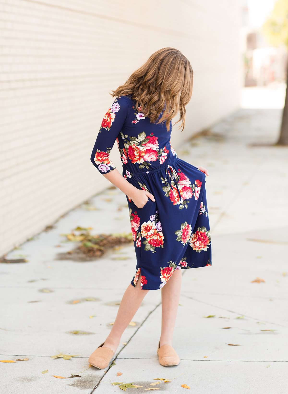 Girls Modest Floral Cinch Waist Navy and Burgandy Midi Dress