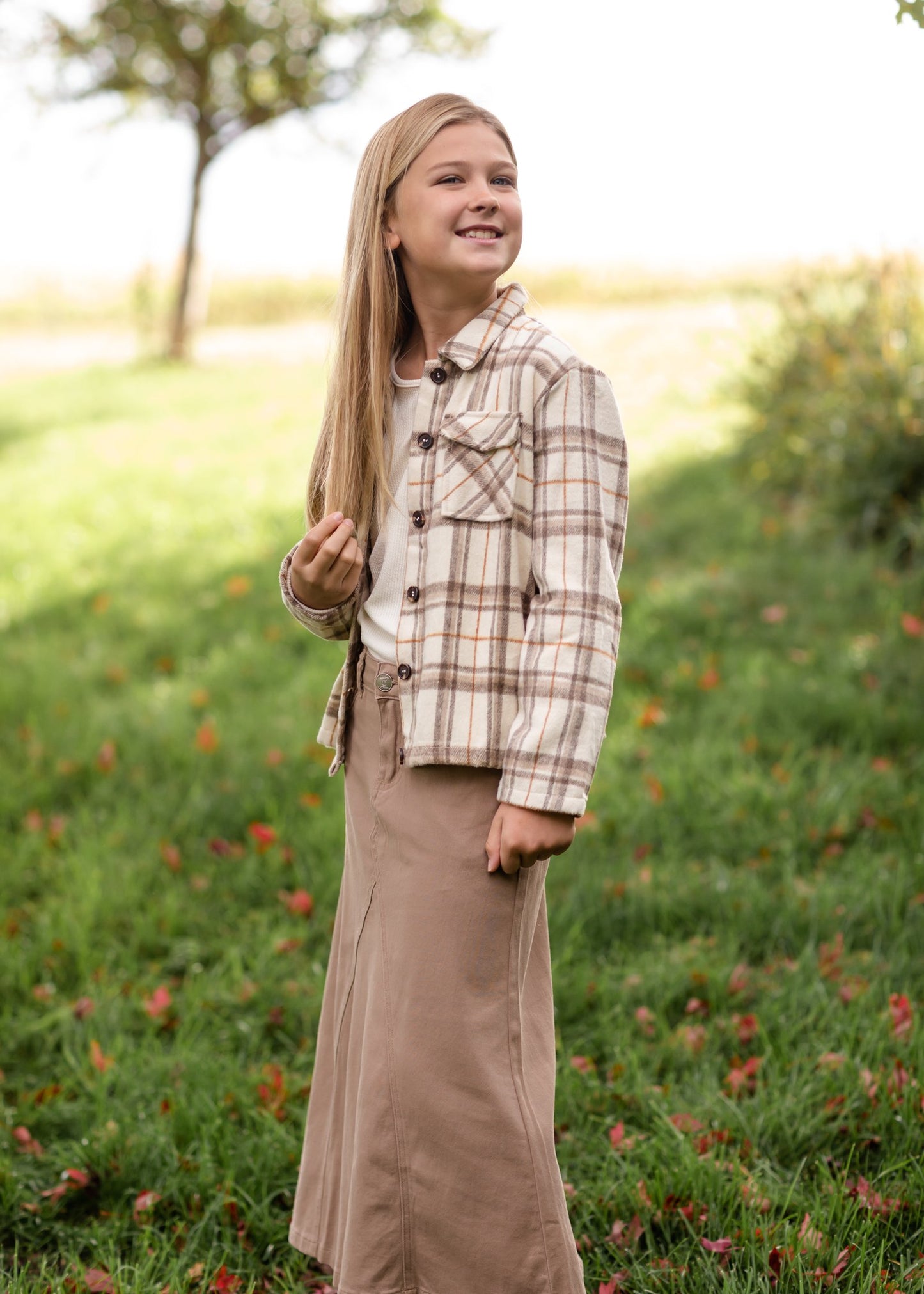 Girls Brushed Plaid Wide Sleeve Patch Pocket Shacket Girls Hayden Los Angeles