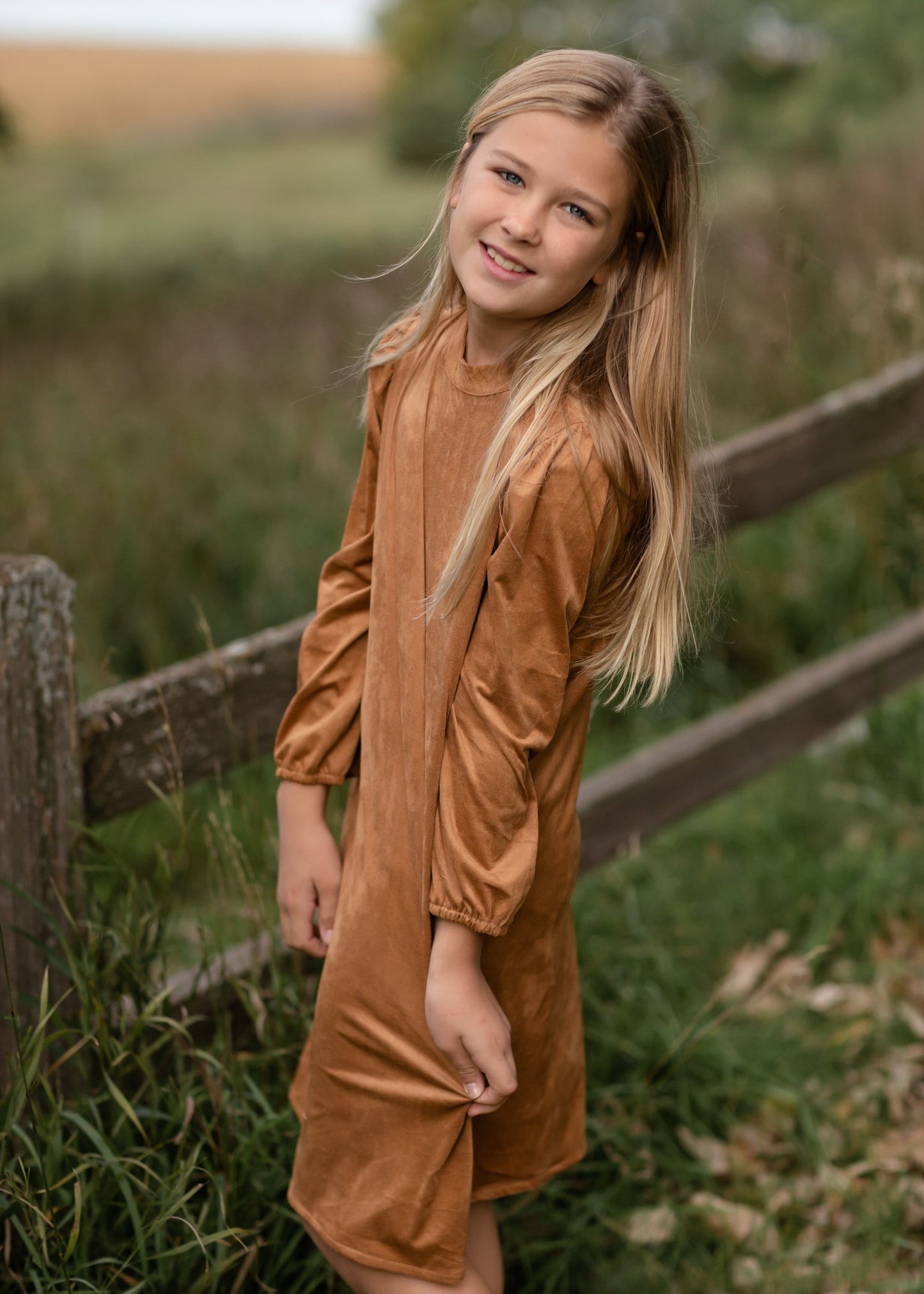 Girls Camel Gathered Puff Shoulder Suede Midi Dress Girls Hayden Los Angeles