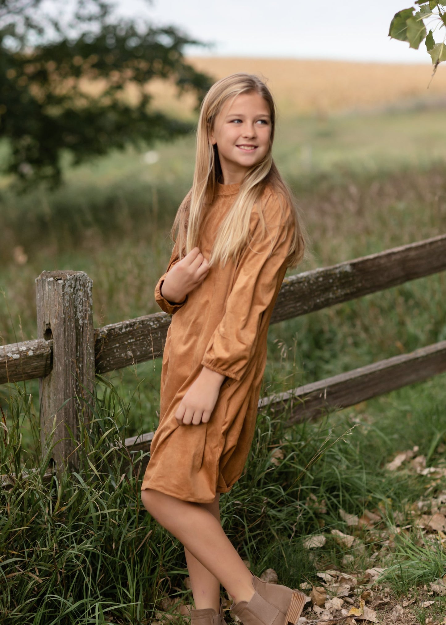 Girls Camel Gathered Puff Shoulder Suede Midi Dress Girls Hayden Los Angeles