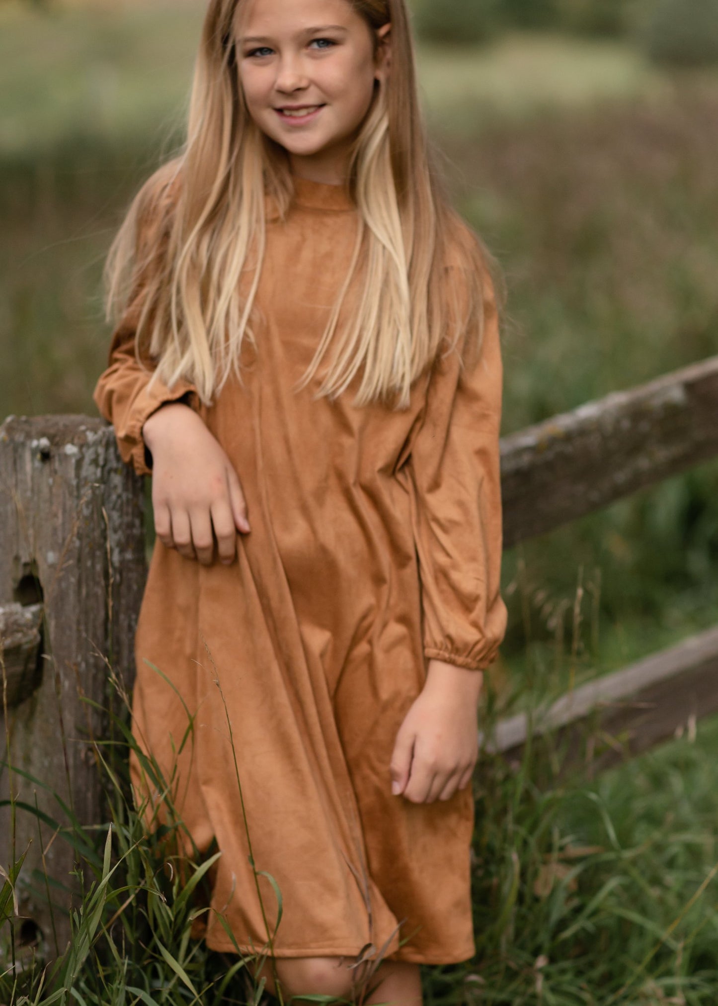 Girls Camel Gathered Puff Shoulder Suede Midi Dress Girls Hayden Los Angeles