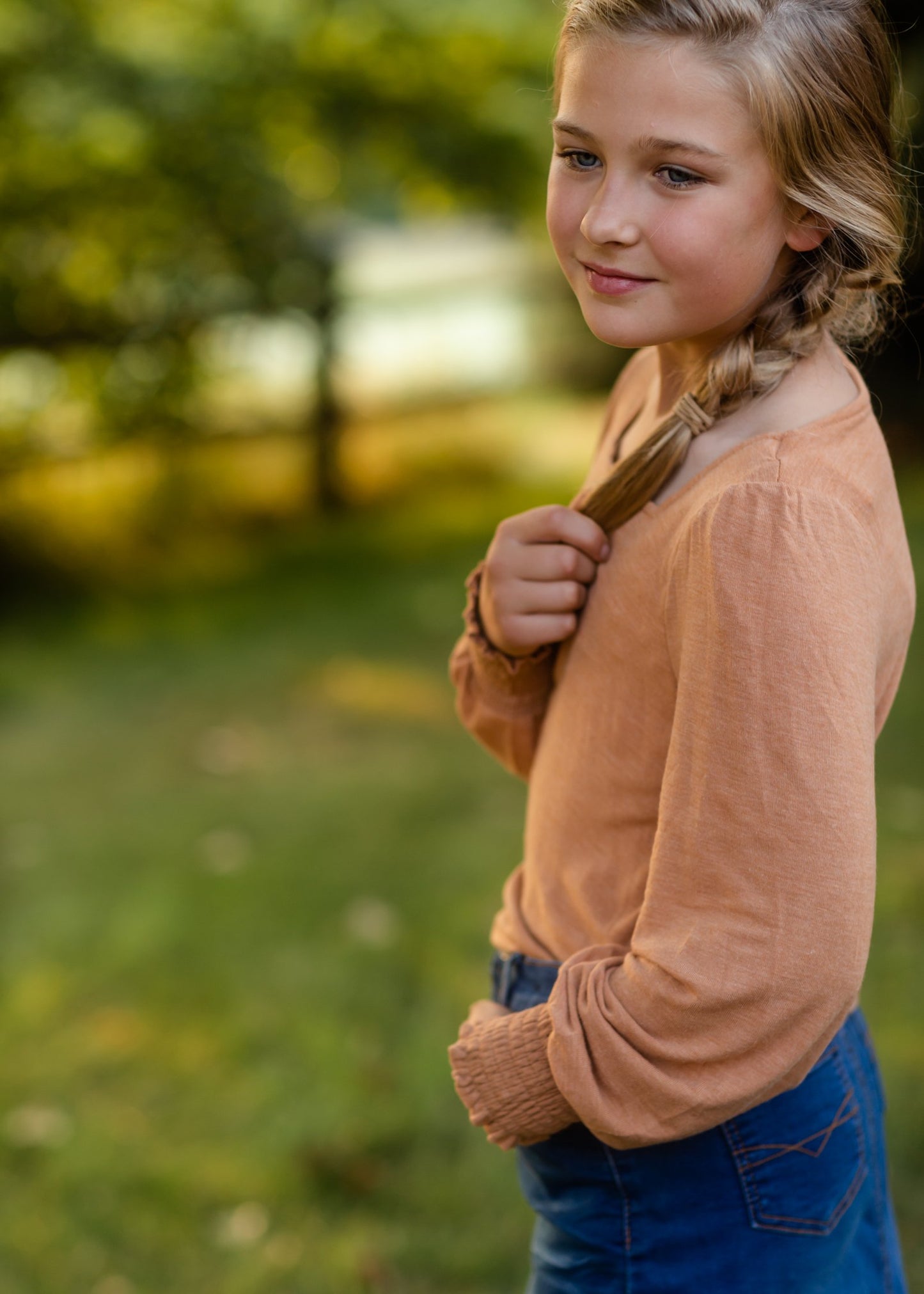Girls Camel Square Neck Smocked Cuff Knit Top Girls Hayden Los Angeles