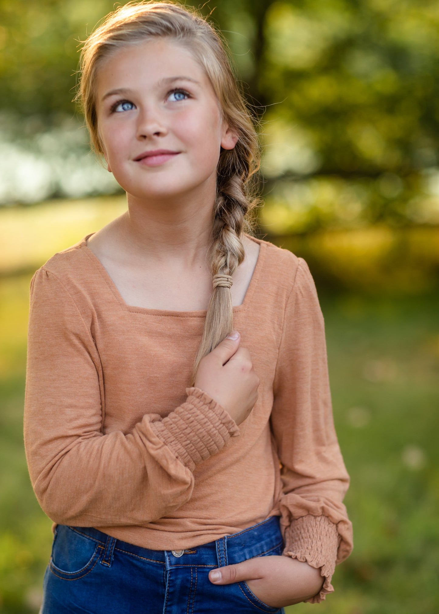 Girls Camel Square Neck Smocked Cuff Knit Top Girls Hayden Los Angeles