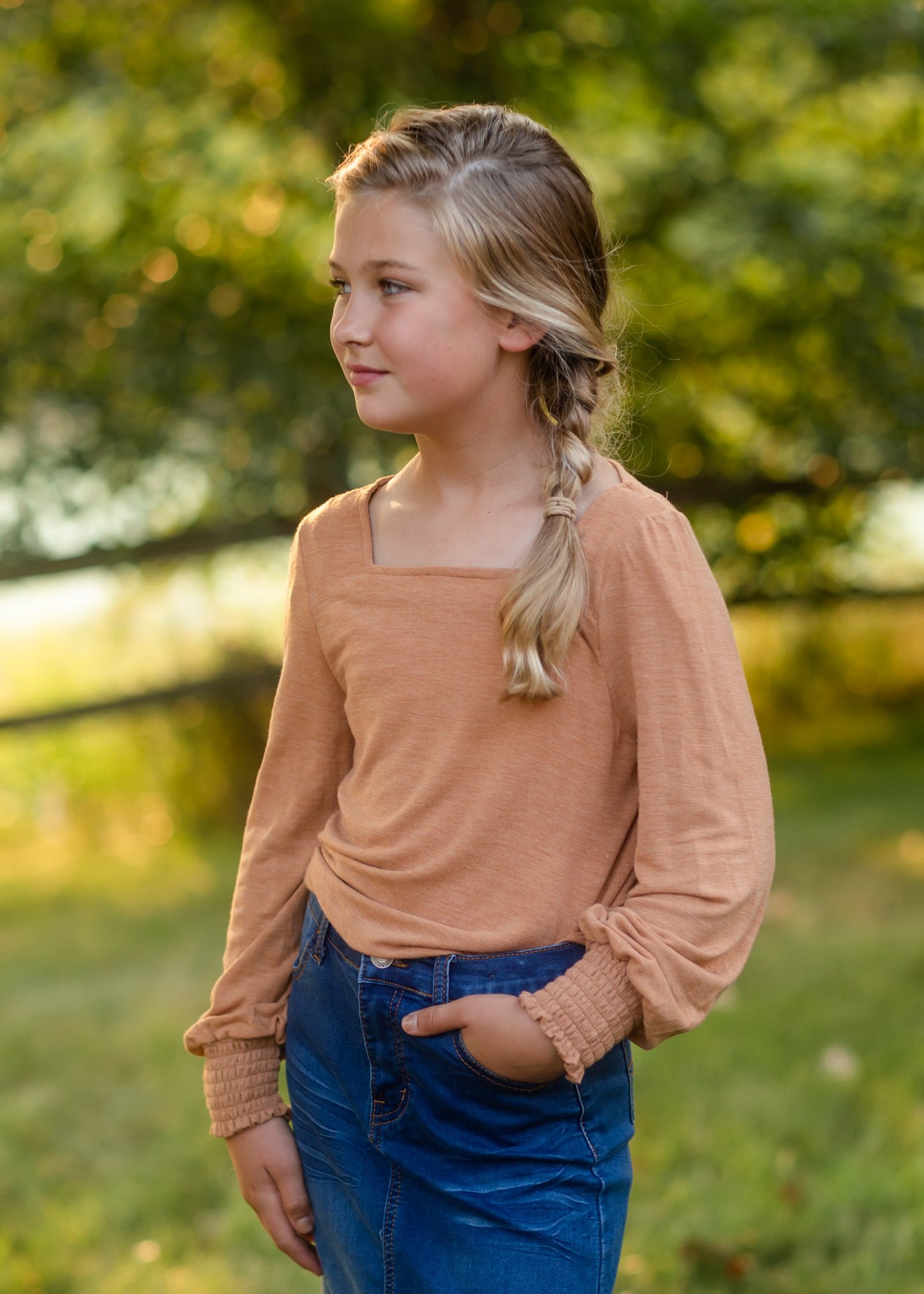 Girls Camel Square Neck Smocked Cuff Knit Top Girls Hayden Los Angeles