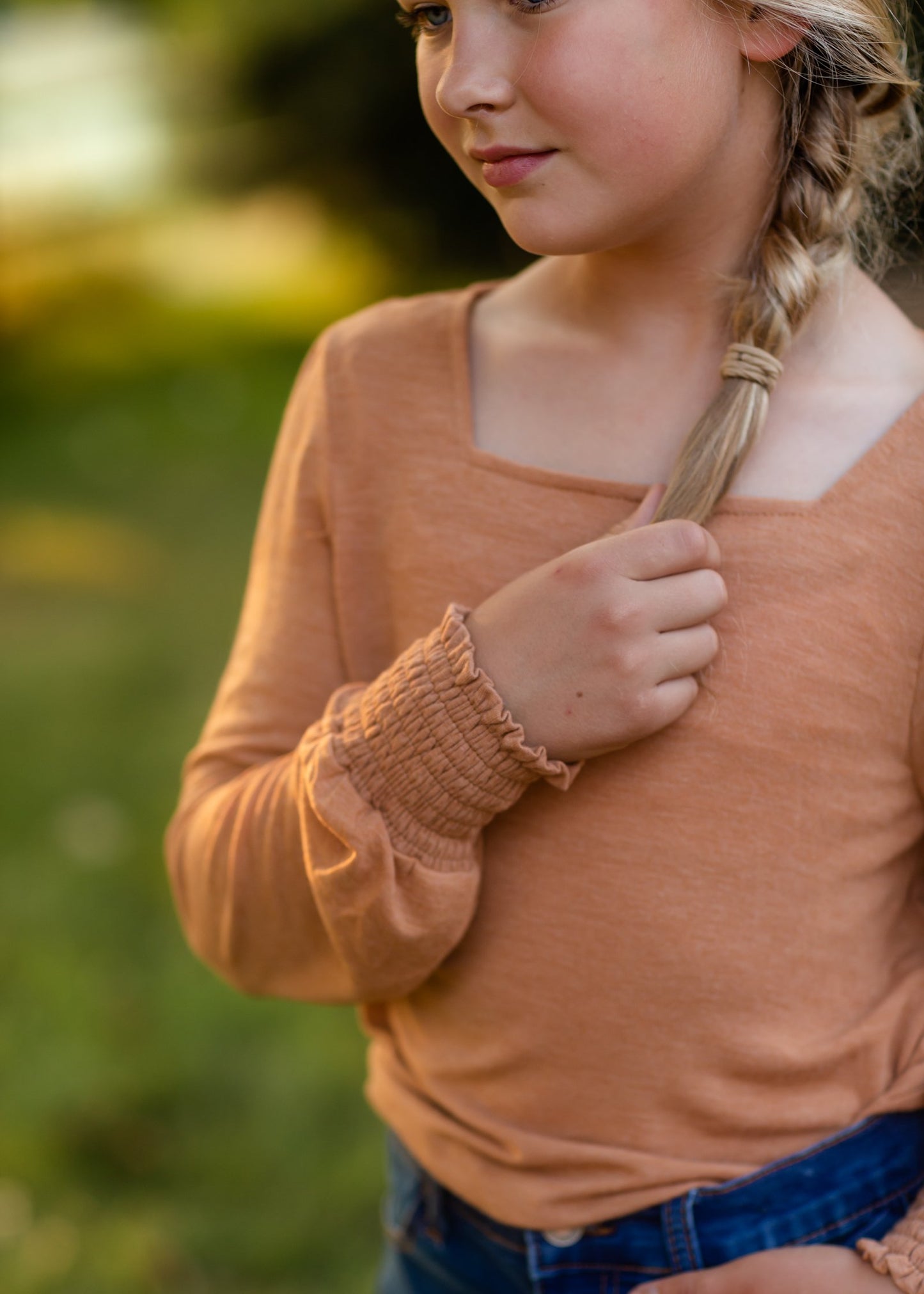 Girls Camel Square Neck Smocked Cuff Knit Top Girls Hayden Los Angeles