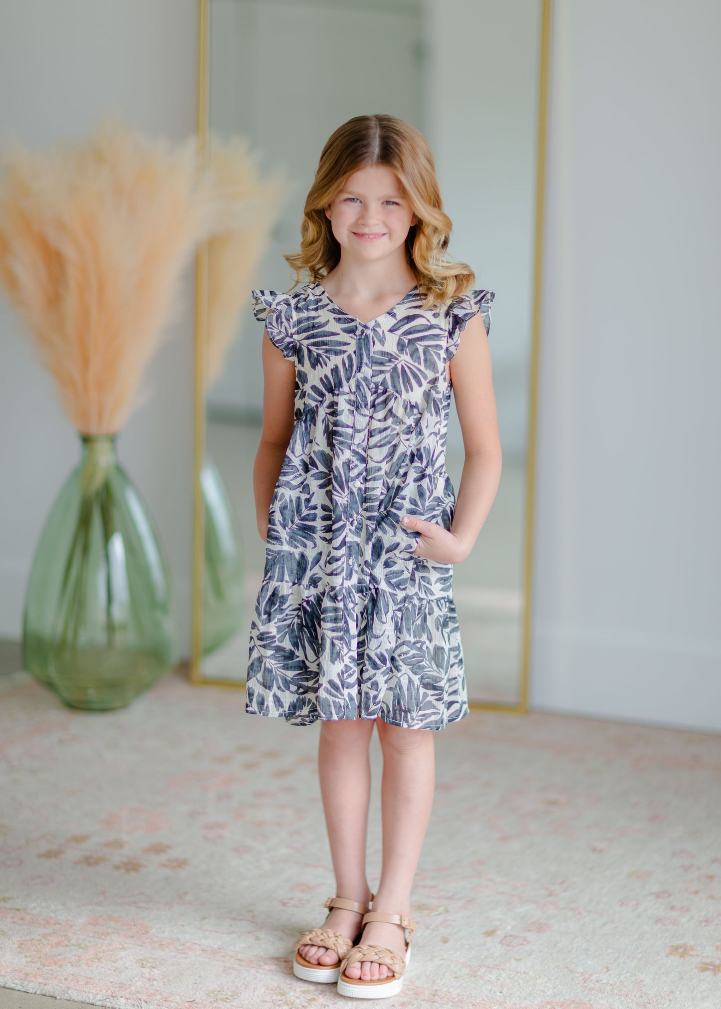 Girls Leaf Print Ruffle Sleeve Dress - FINAL SALE Girls