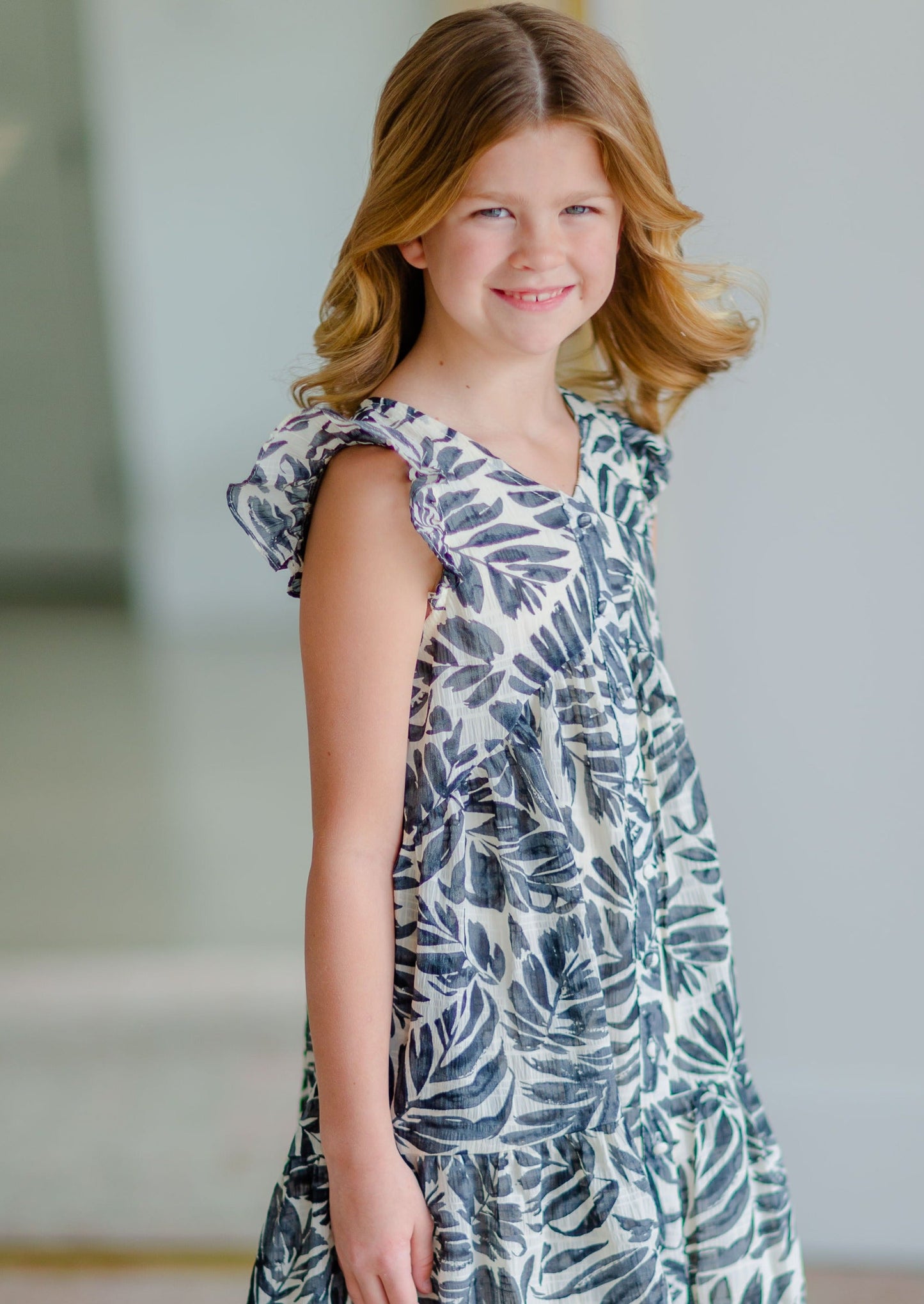 Girls Leaf Print Ruffle Sleeve Dress - FINAL SALE Girls