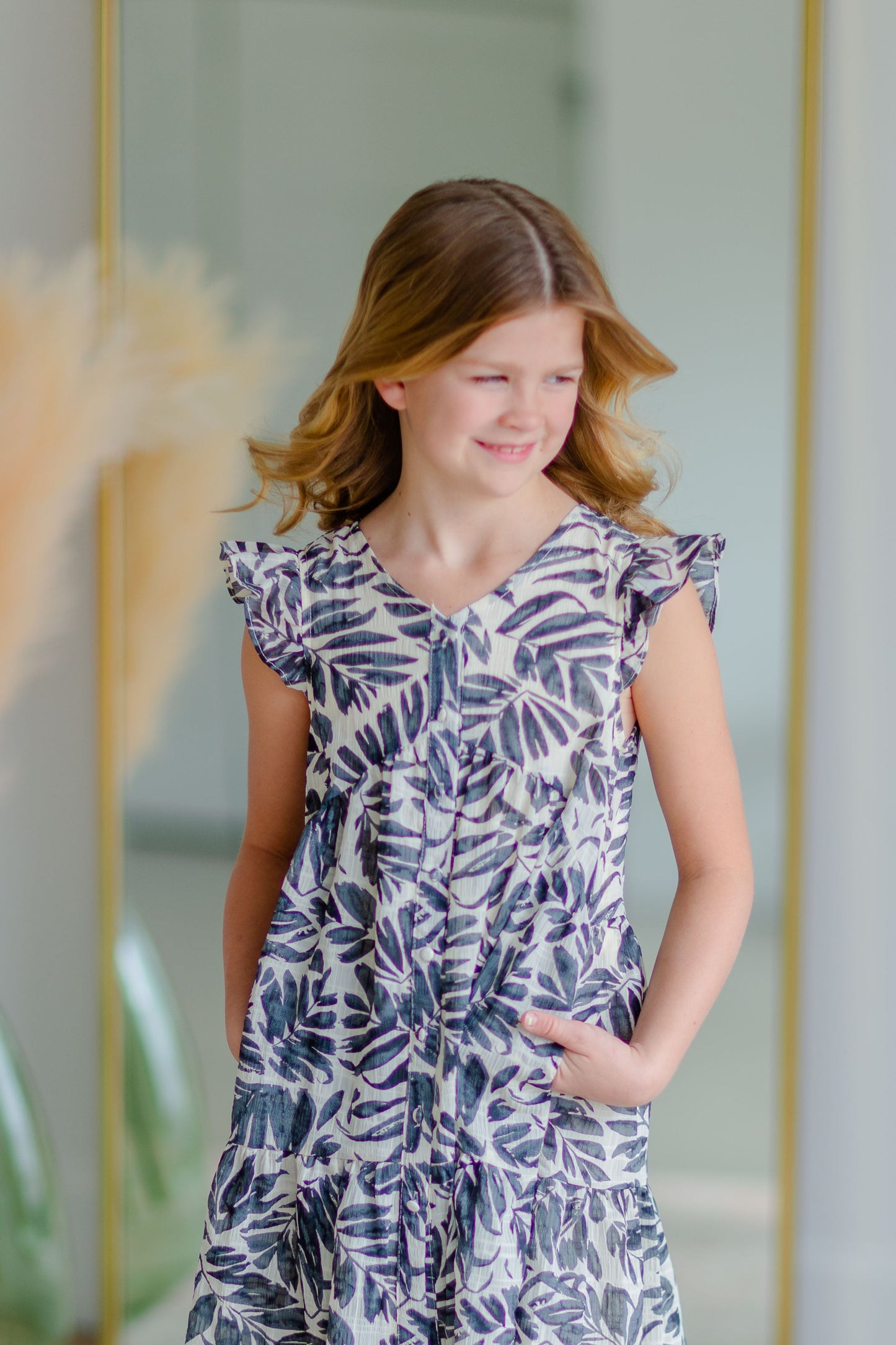 Girls Leaf Print Ruffle Sleeve Dress - FINAL SALE Girls
