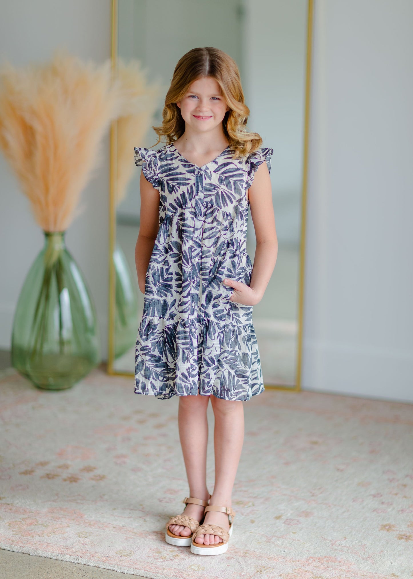 Girls Leaf Print Ruffle Sleeve Dress - FINAL SALE Girls