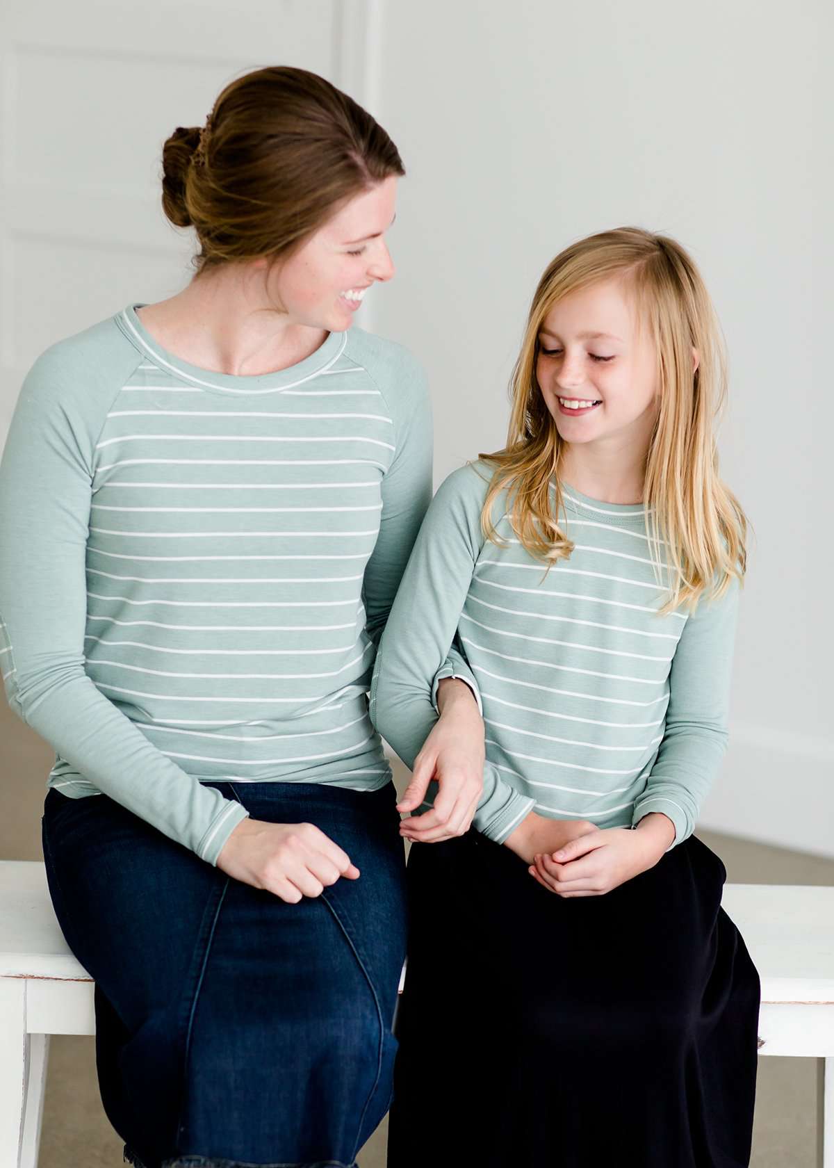 Mint baseball striped top that is also mommy and me style