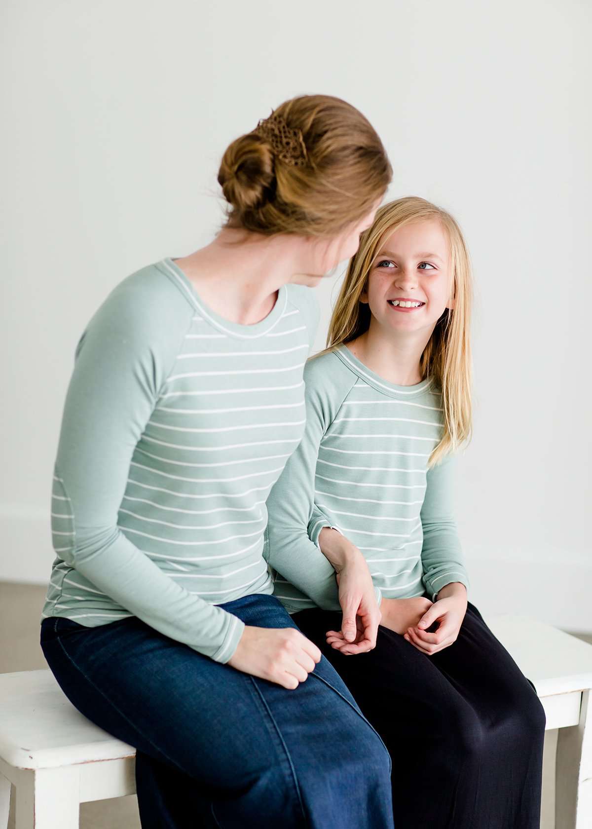 Mint baseball striped top that is also mommy and me style