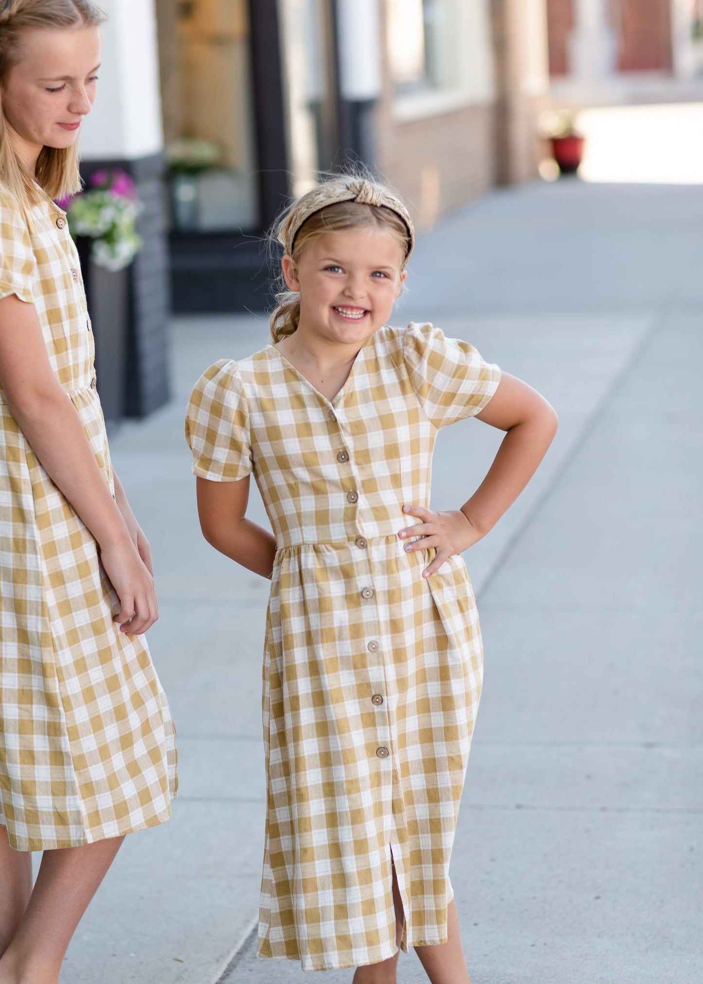 Girls Mustard Checkered Midi Dress Dresses