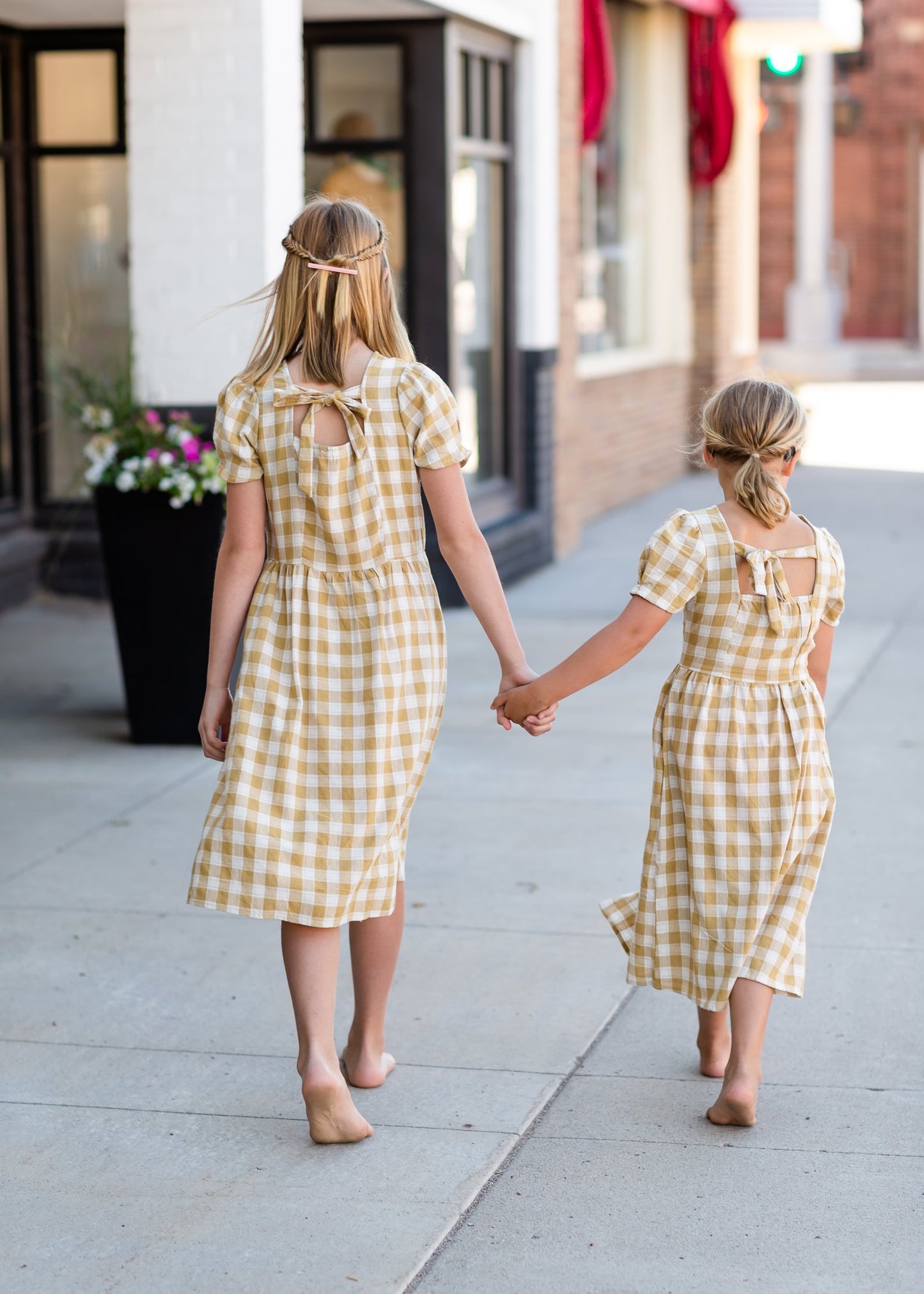 Girls Mustard Checkered Midi Dress Dresses