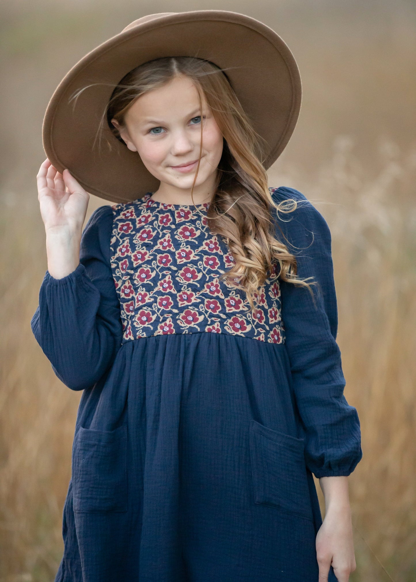 Girls Navy Embroidered Top Flower Dress Girls