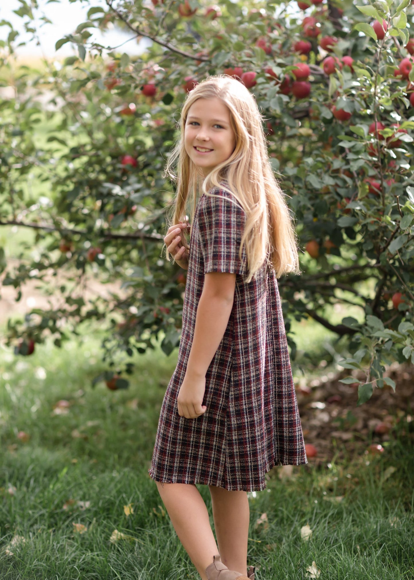 Girls Plaid Fringed Edge Round Neck Shift Midi Dress Girls Hayden Los Angeles