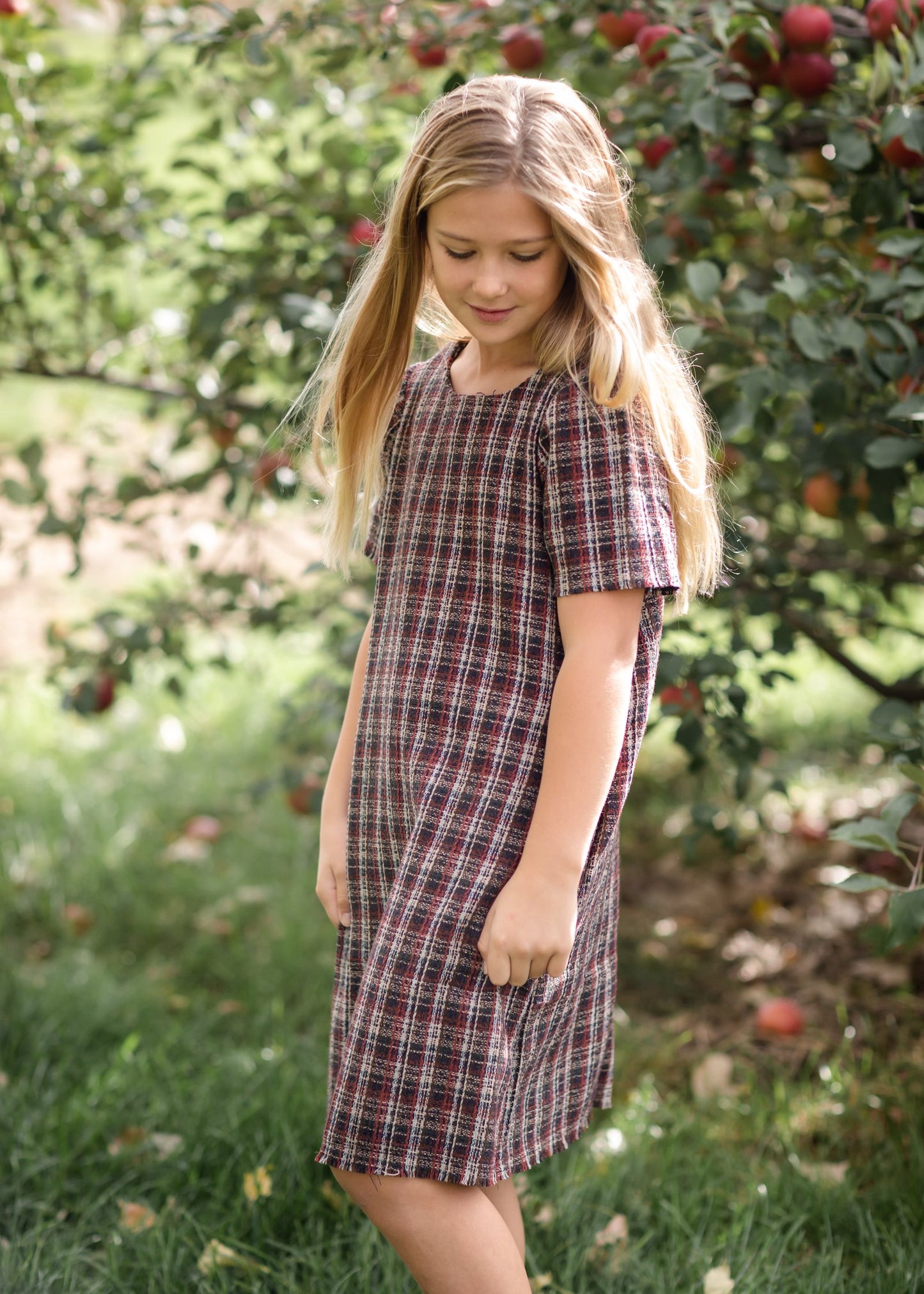 Girls Plaid Fringed Edge Round Neck Shift Midi Dress Girls Hayden Los Angeles