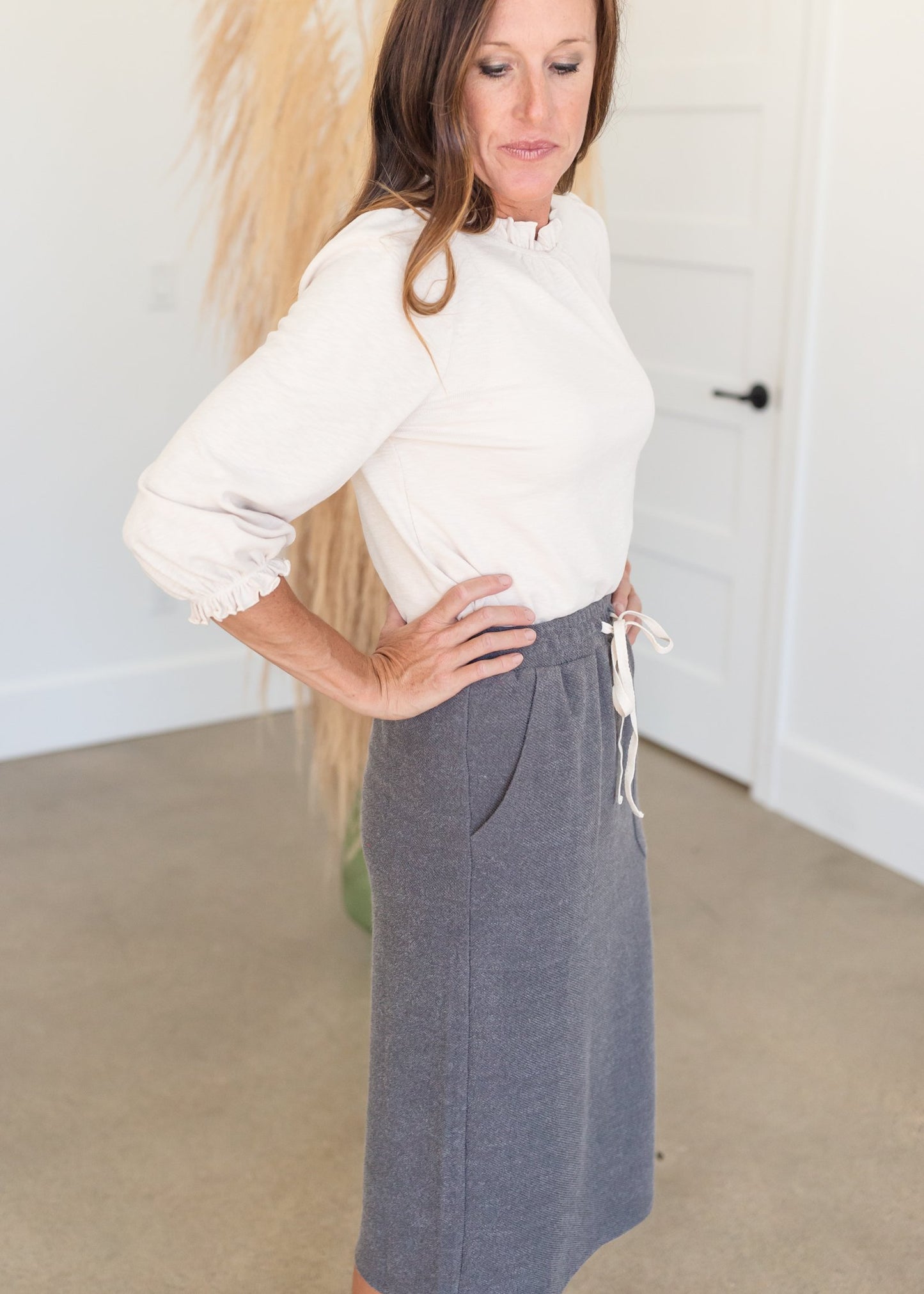 Gray Adjustable Drawstring Pocket Midi Skirt Skirts Polagram + BaeVely