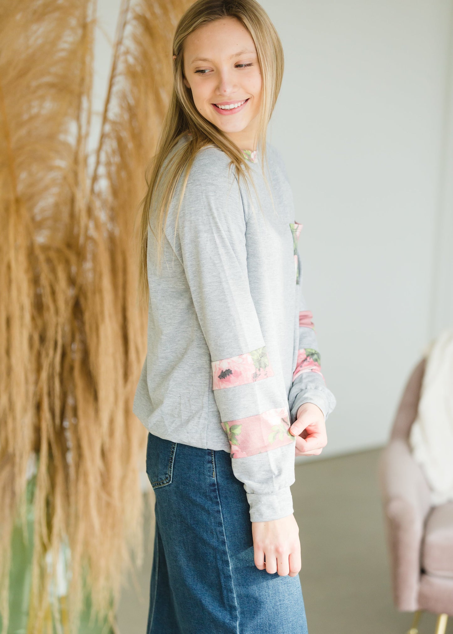 Gray Floral Color Block Sweatshirt - FINAL SALE Tops