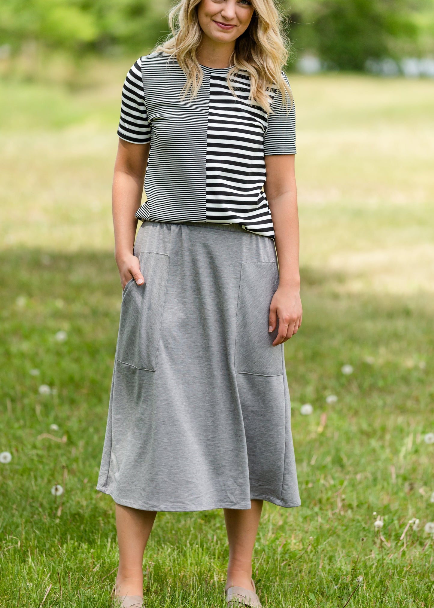 Gray Stretch Waist Patch Pocket Midi Skirt - FINAL SALE Skirts
