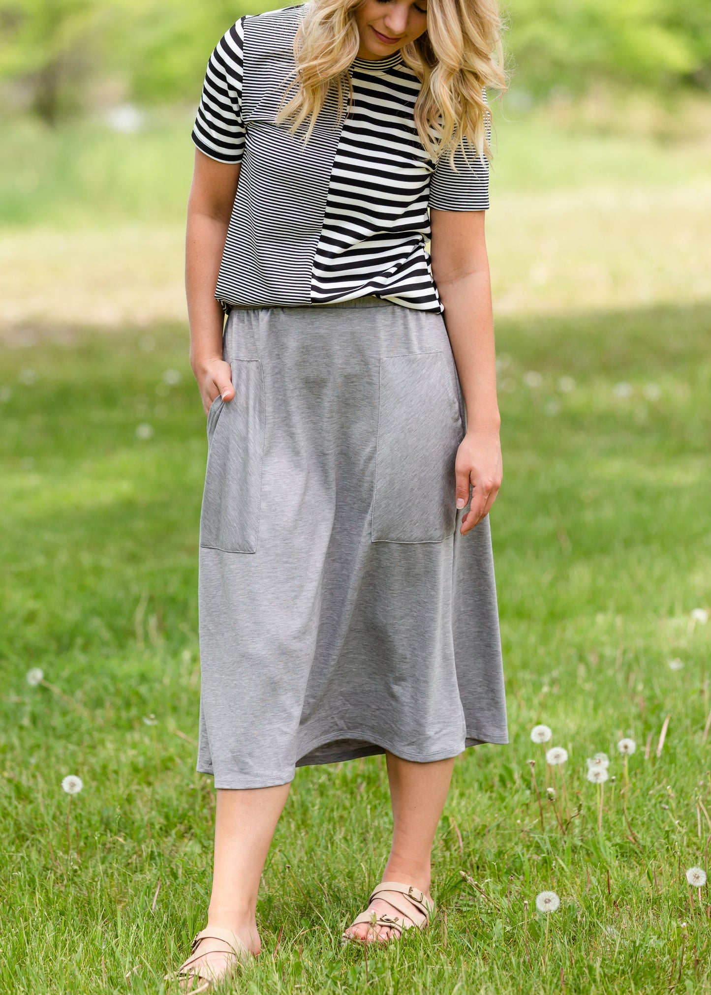 Gray Stretch Waist Patch Pocket Midi Skirt - FINAL SALE Skirts