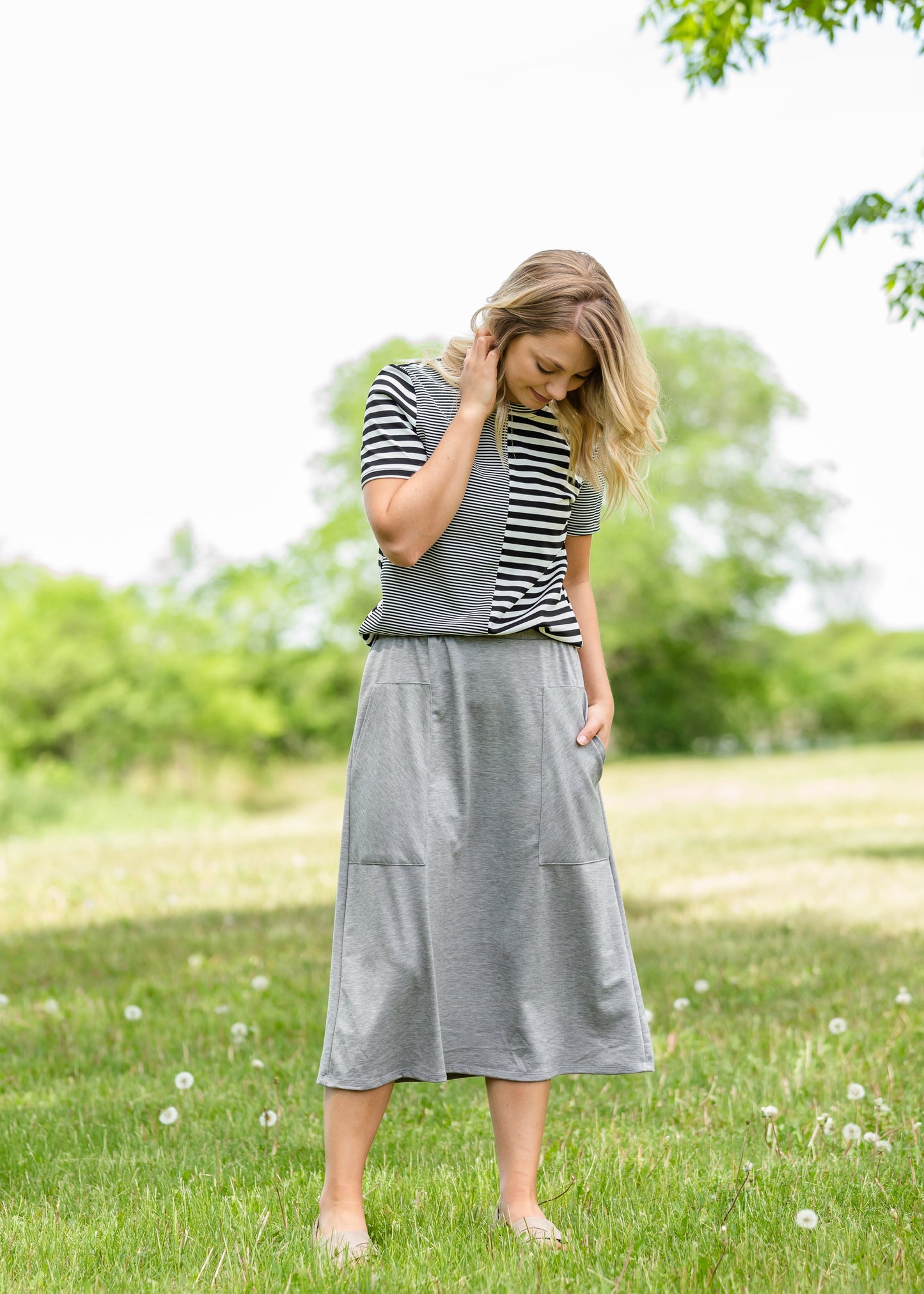 Gray Stretch Waist Patch Pocket Midi Skirt - FINAL SALE Skirts