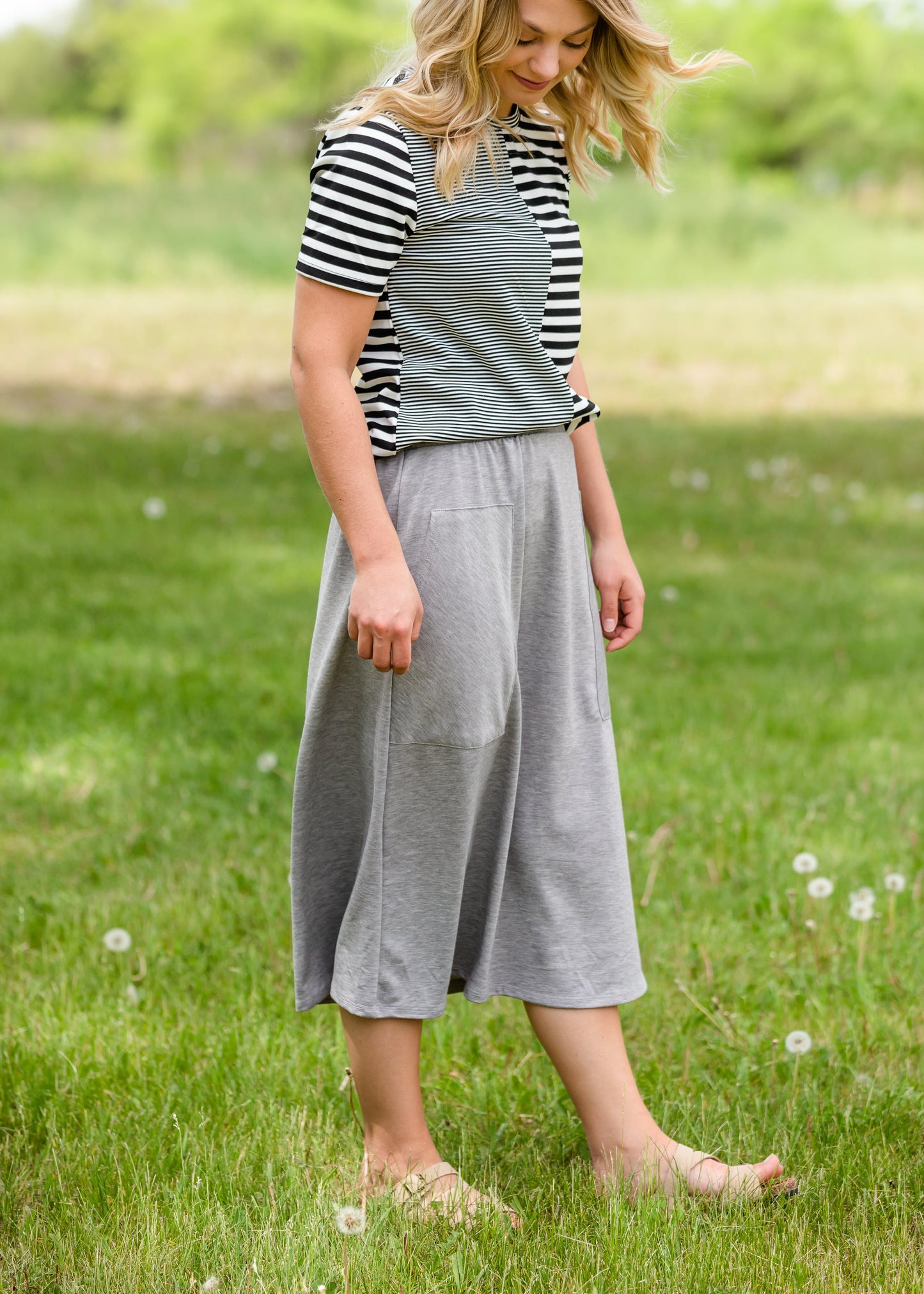 Gray Stretch Waist Patch Pocket Midi Skirt - FINAL SALE Skirts