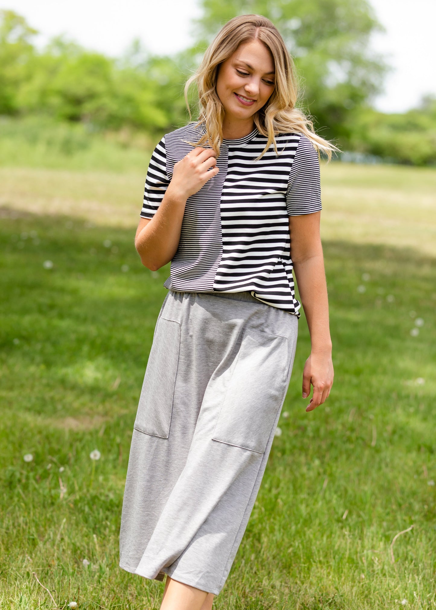 Gray Stretch Waist Patch Pocket Midi Skirt - FINAL SALE Skirts