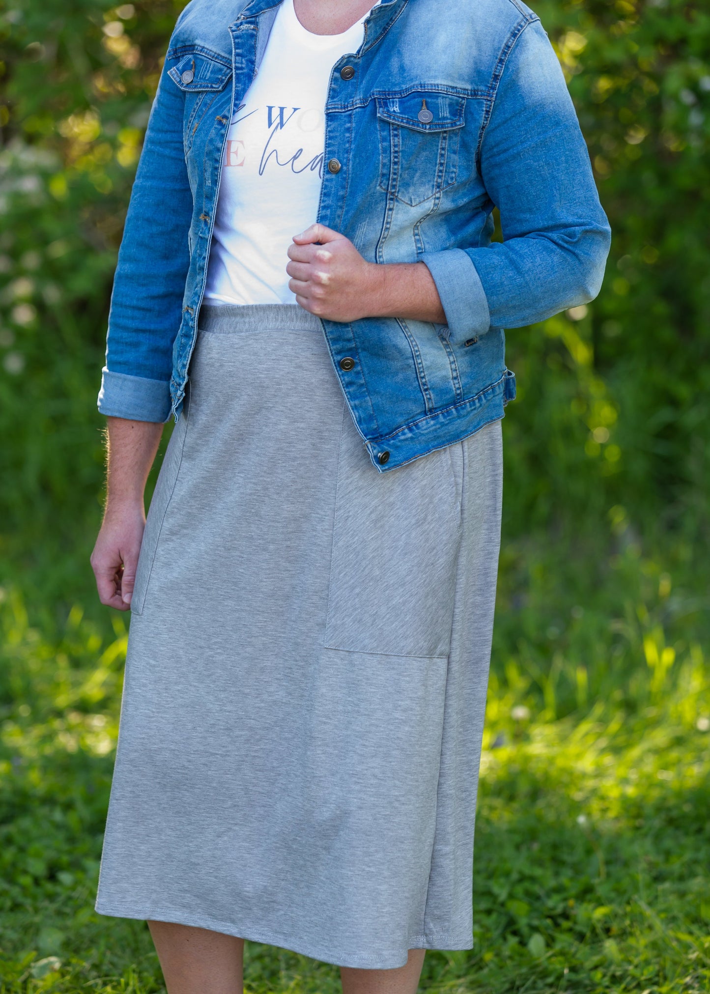 Gray Stretch Waist Patch Pocket Midi Skirt - FINAL SALE Skirts