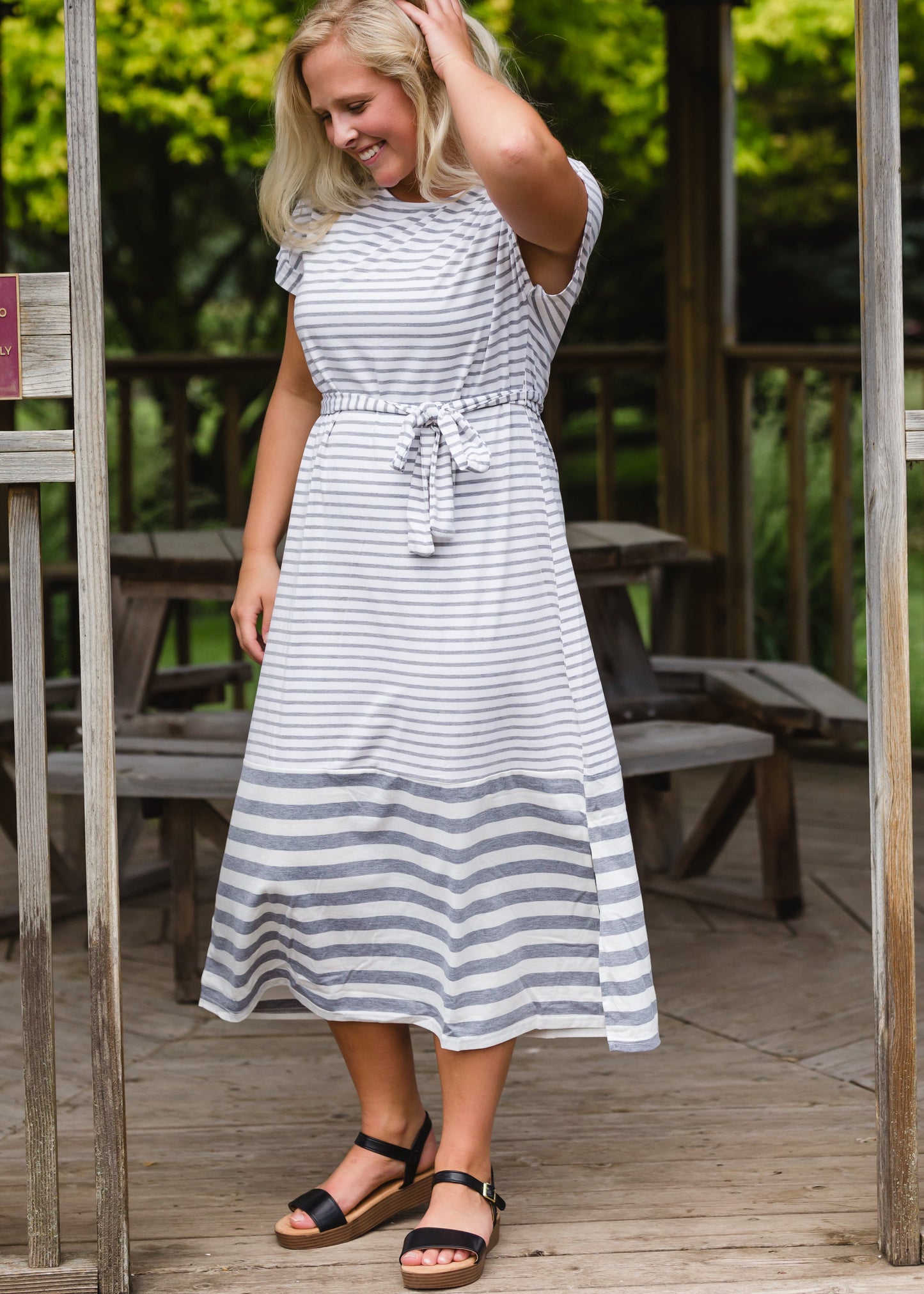 Gray Striped Belted Midi Dress - FINAL SALE Dresses