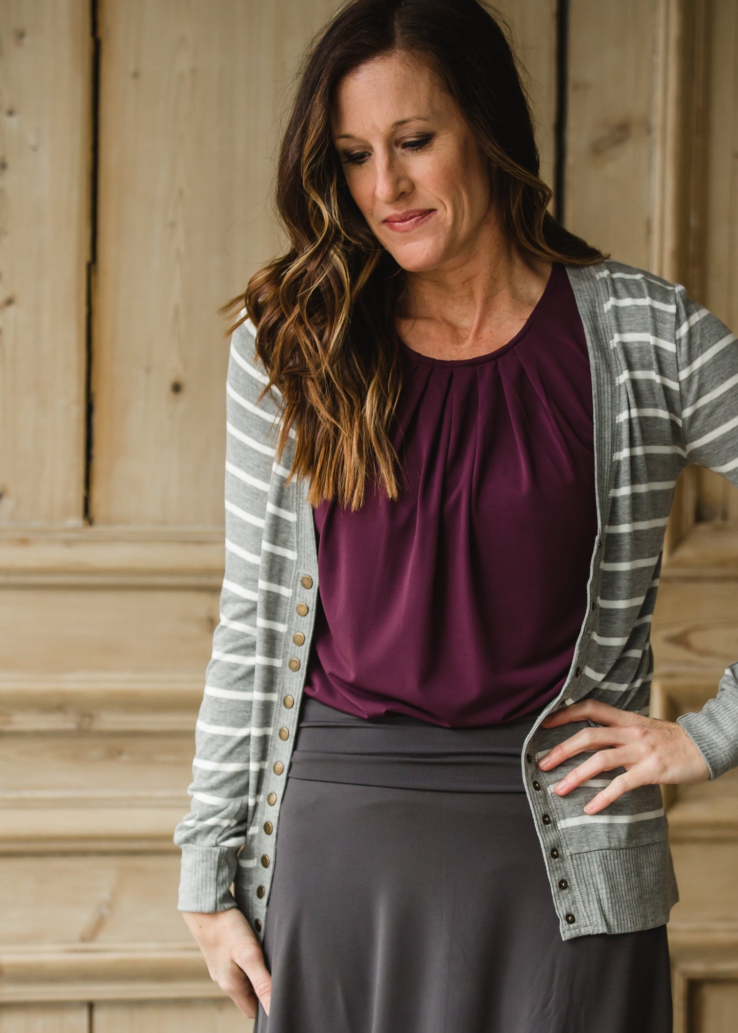 Gray Striped Snap Button Cardigan - FINAL SALE Tops