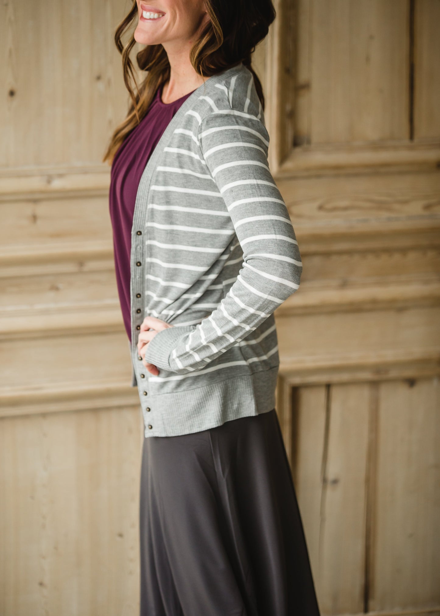 Gray Striped Snap Button Cardigan - FINAL SALE Tops