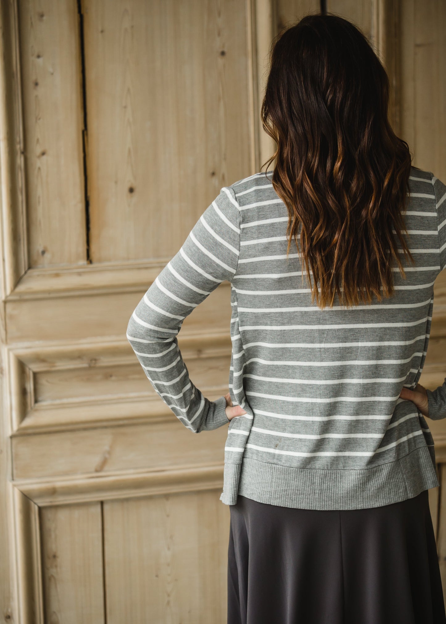 Gray Striped Snap Button Cardigan - FINAL SALE Tops