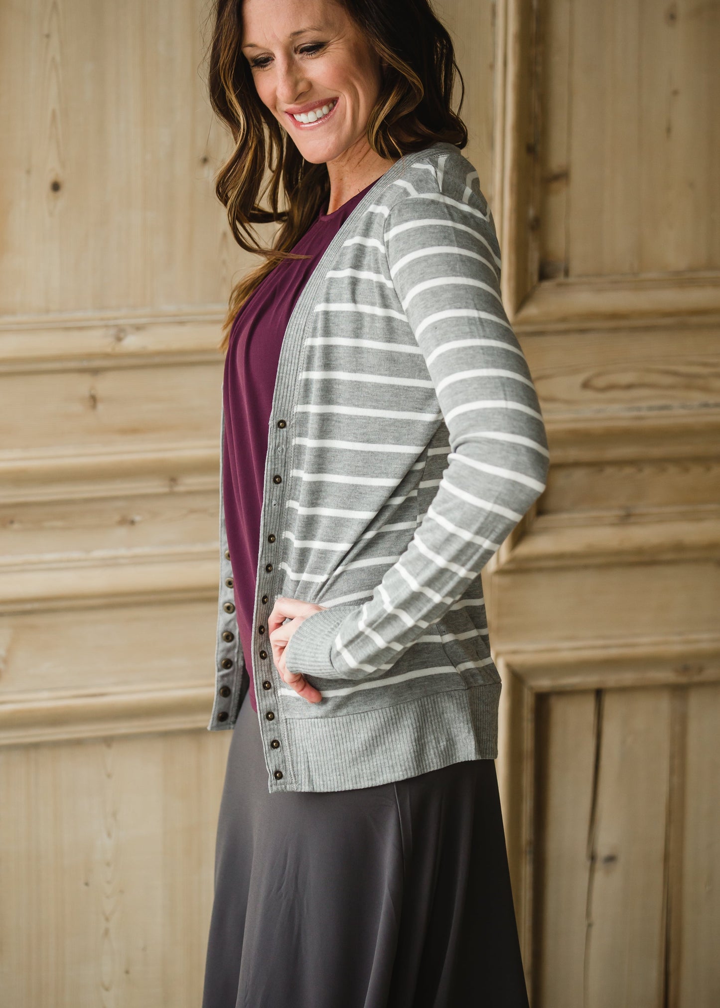 Gray Striped Snap Button Cardigan - FINAL SALE Tops