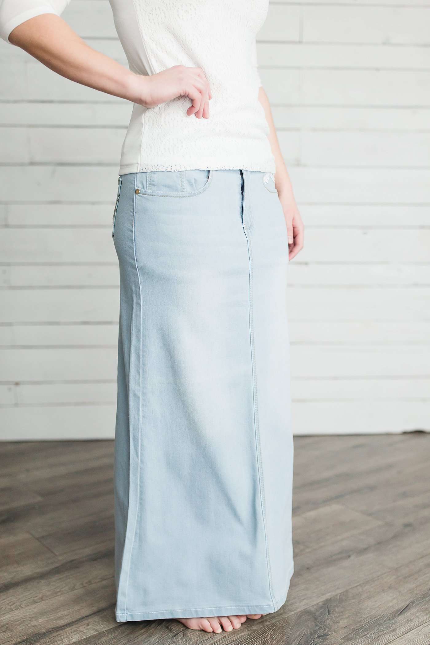 Women's long light wash modest denim-jean skirt.