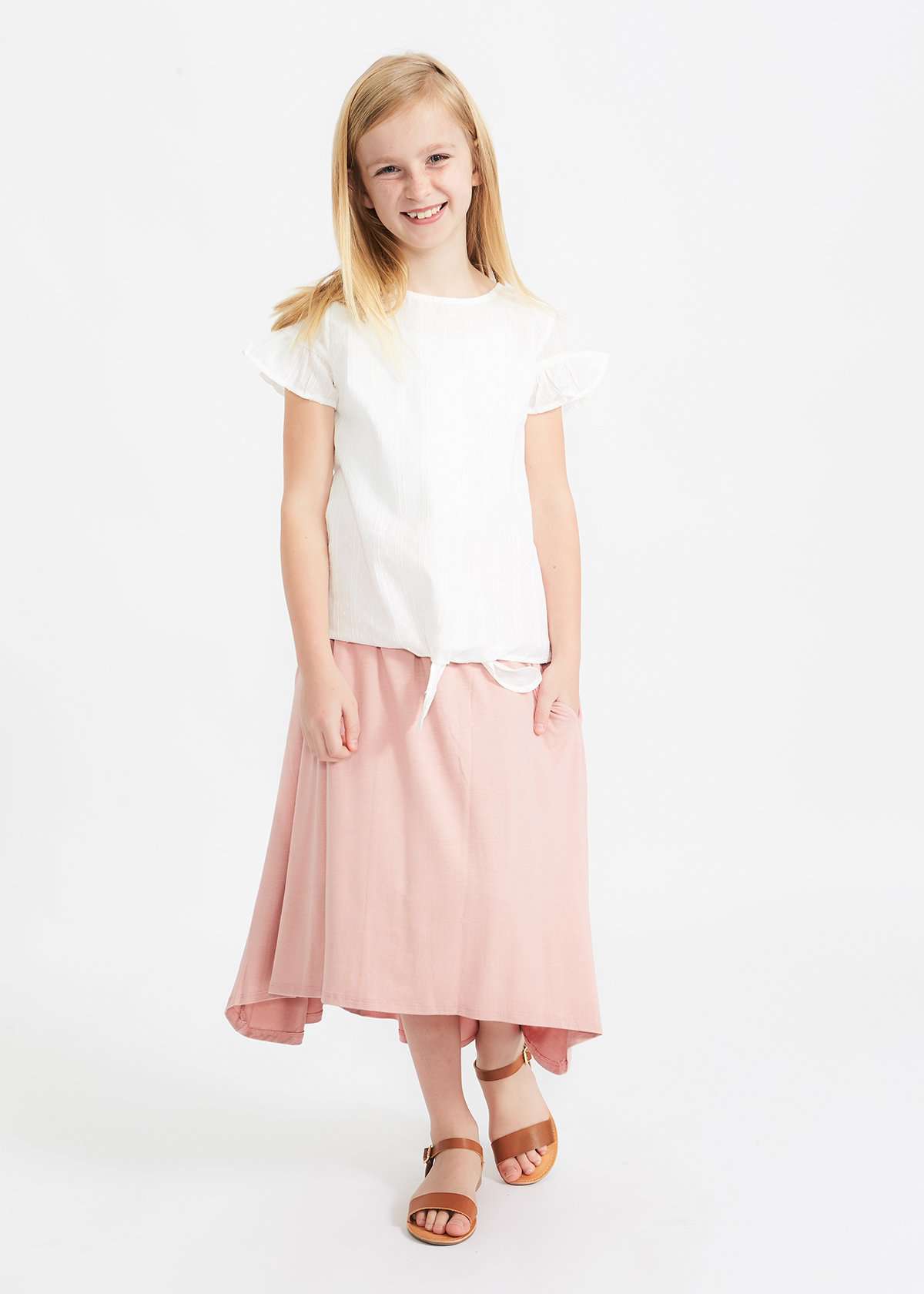 girls blush and gray hi-lo midi modest skirt