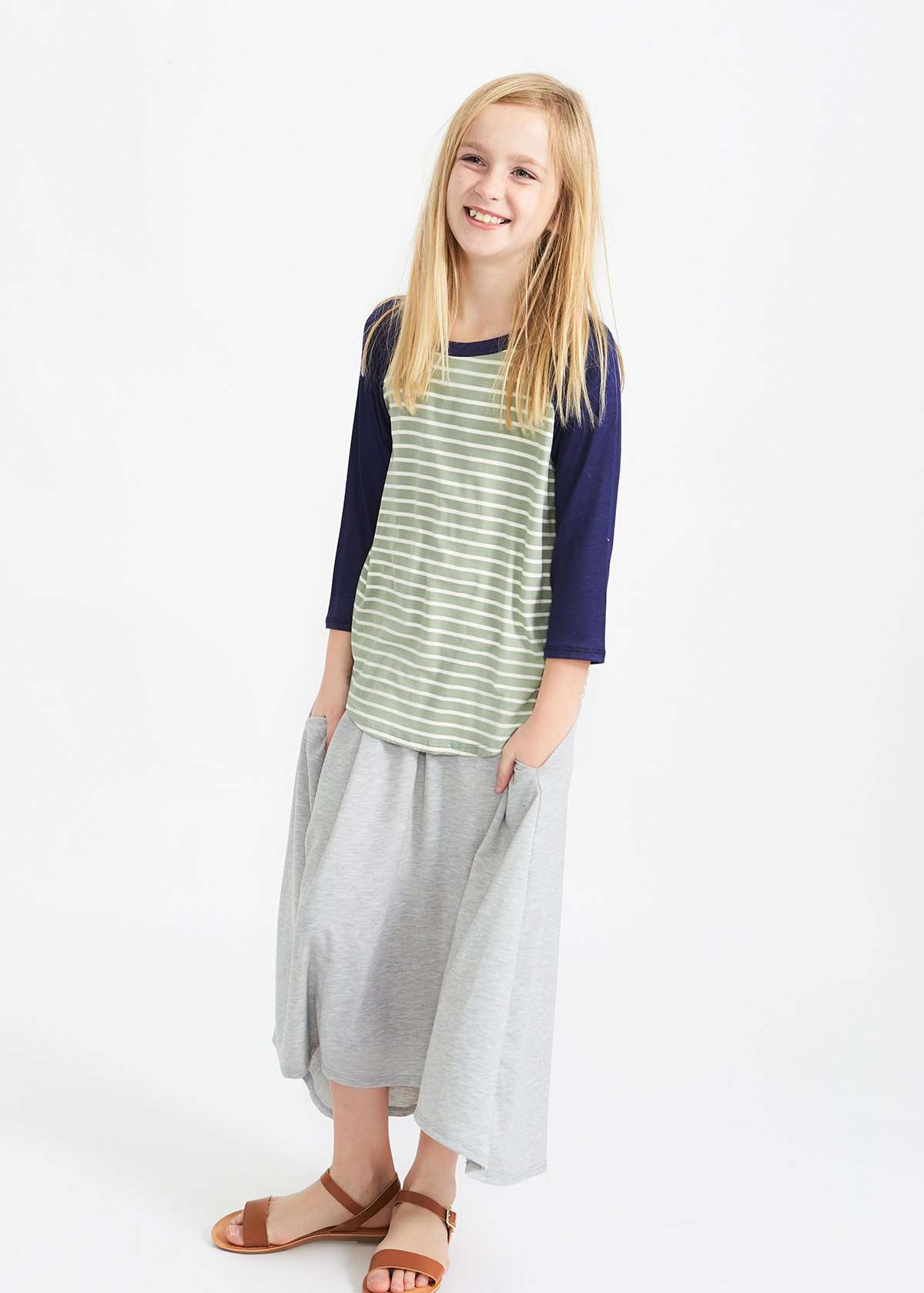 girls blush and gray hi-lo midi modest skirt