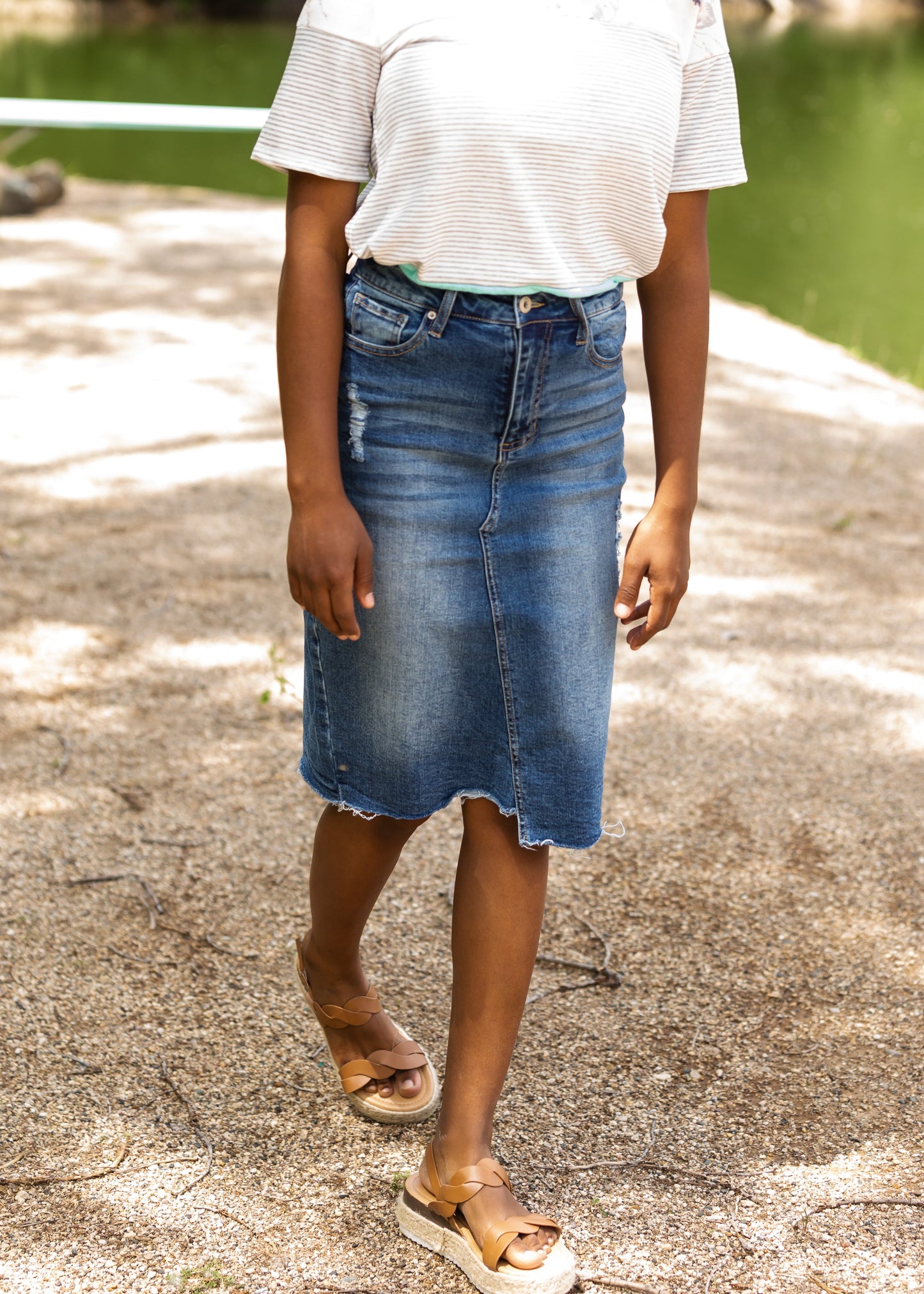 High Rise Distressed Denim Midi Skirt - FINAL SALE Skirts