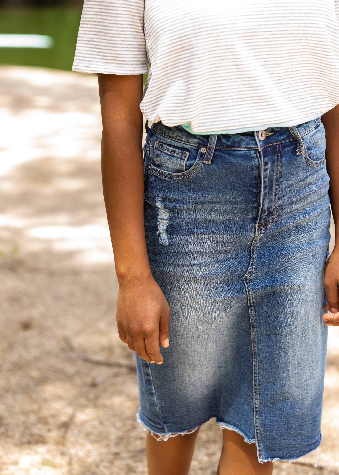 High Rise Distressed Denim Midi Skirt - FINAL SALE Skirts