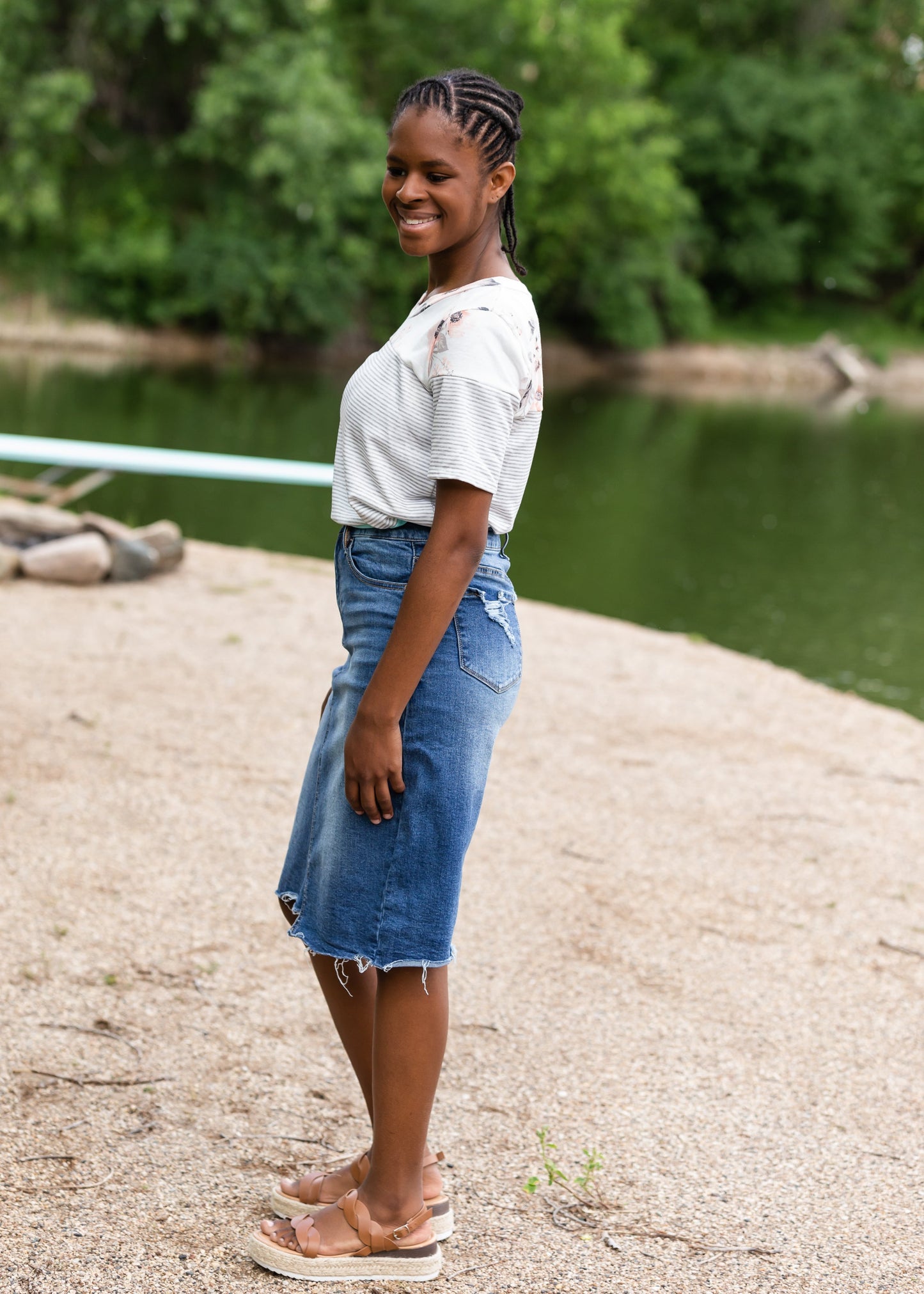 High Rise Distressed Denim Midi Skirt - FINAL SALE Skirts