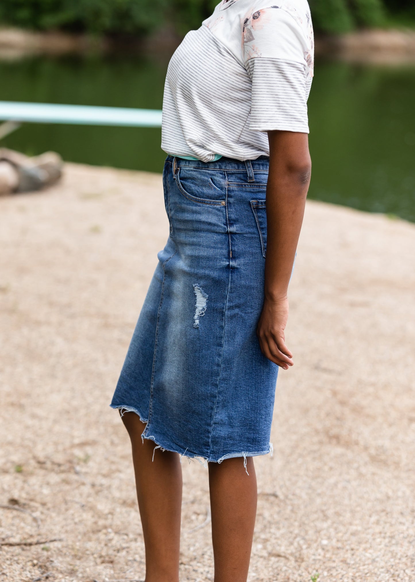 High Rise Distressed Denim Midi Skirt - FINAL SALE Skirts