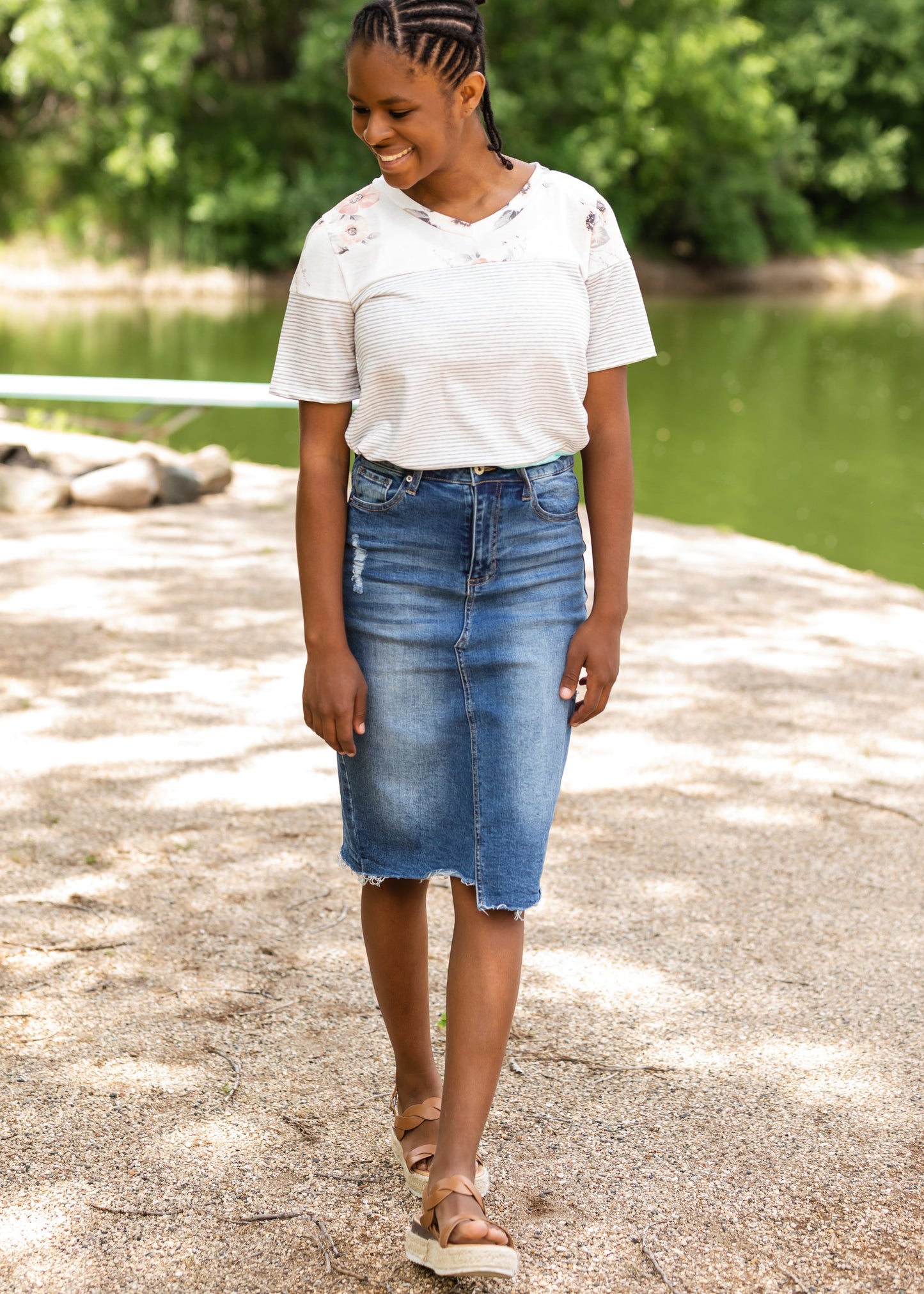 High Rise Distressed Denim Midi Skirt - FINAL SALE Skirts