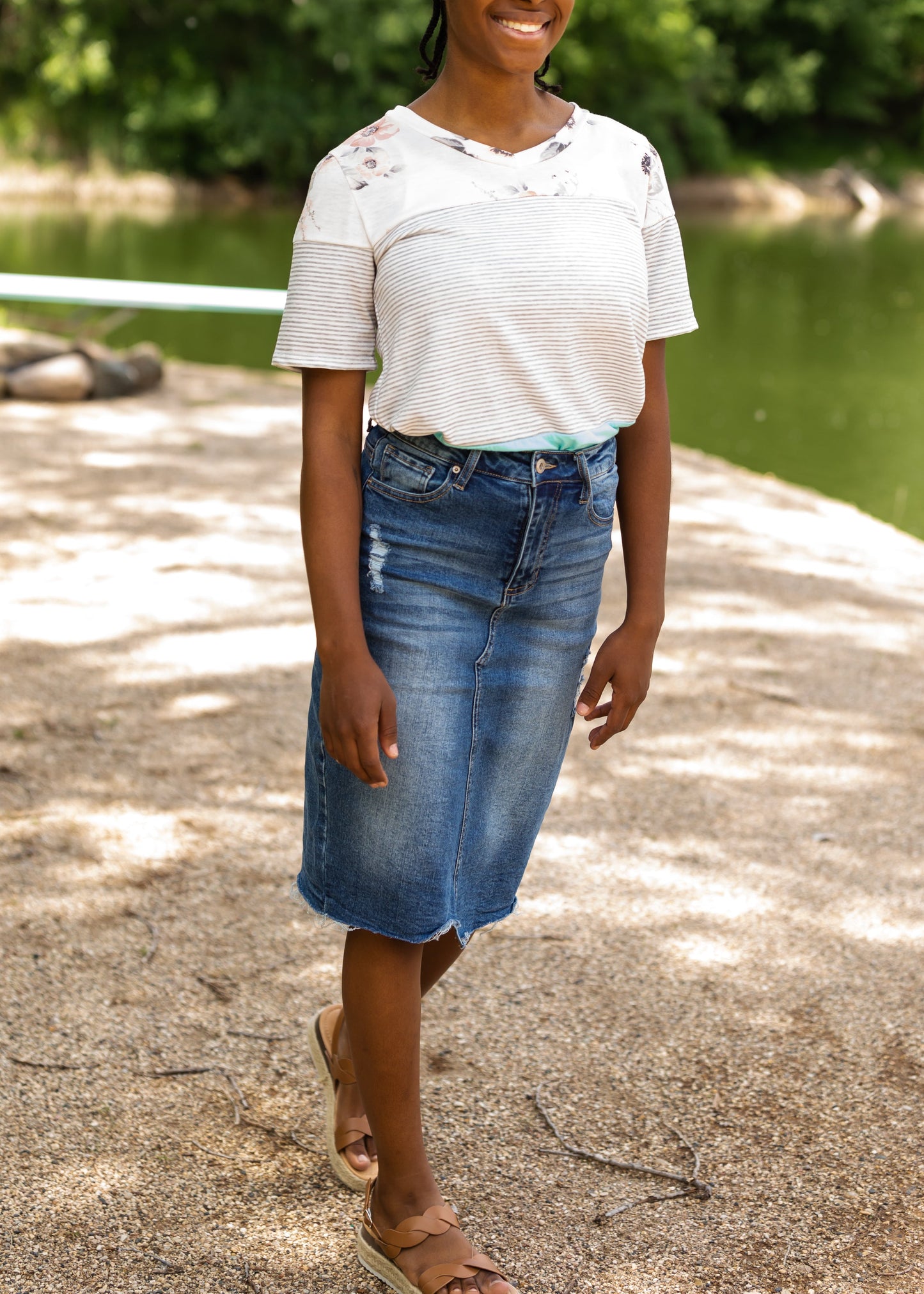 High Rise Distressed Denim Midi Skirt - FINAL SALE Skirts