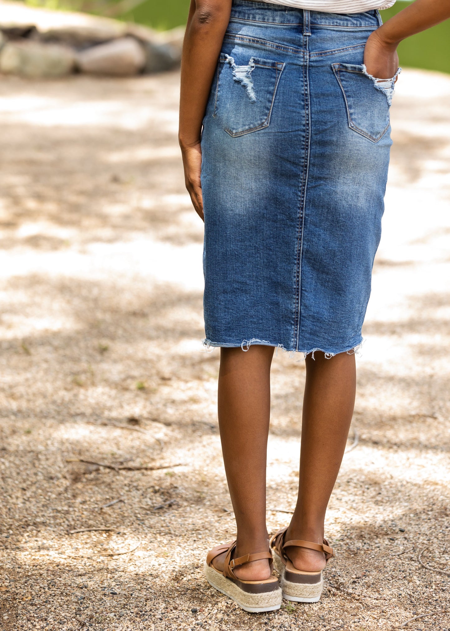 High Rise Distressed Denim Midi Skirt - FINAL SALE Skirts