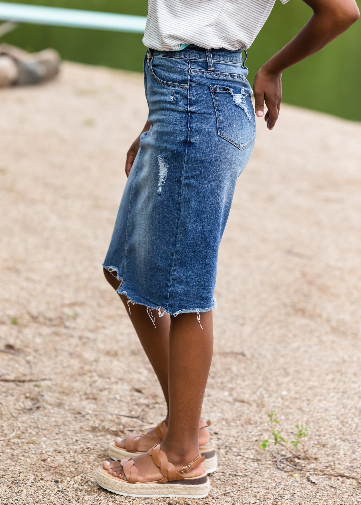High Rise Distressed Denim Midi Skirt - FINAL SALE Skirts